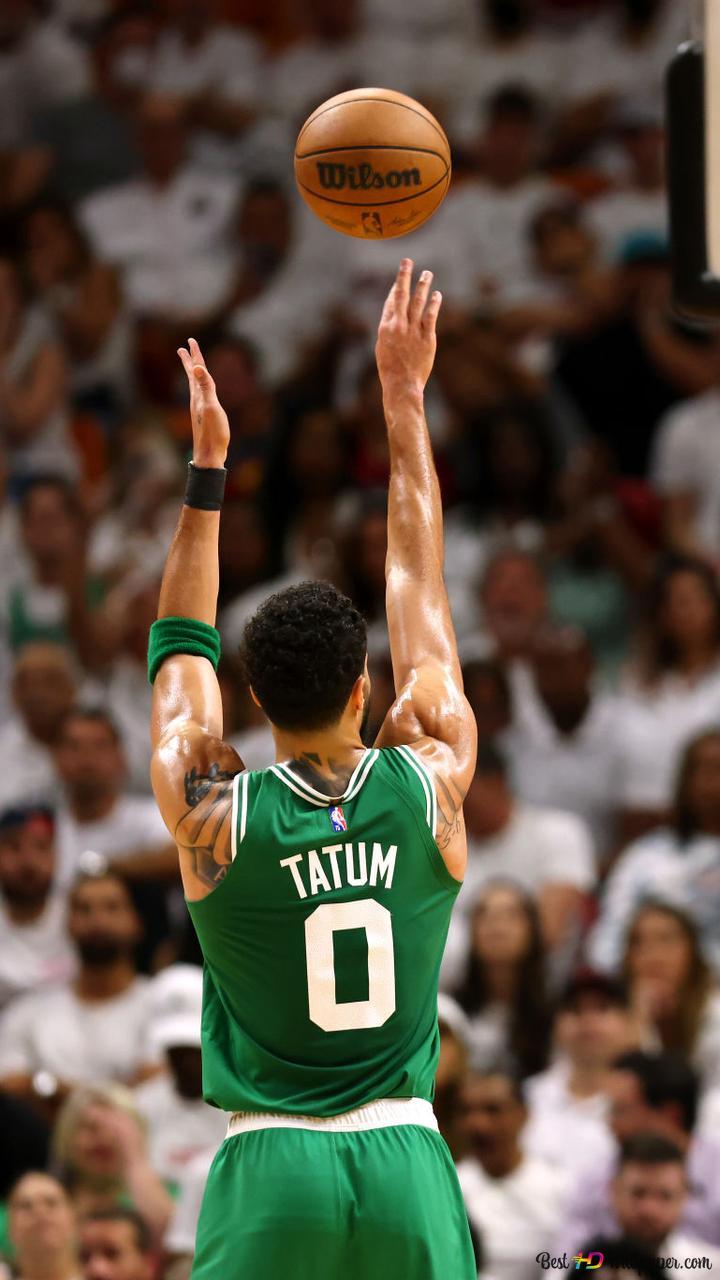 720x1280 Jayson Tatum of the Boston Celtics throwing a ball into the basketball hoop in the crowd at the stadium 2K wallpaper download