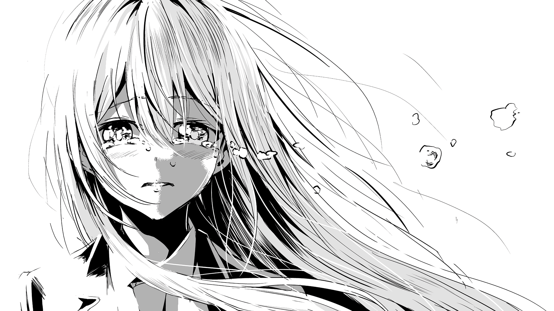 1920x1080 Wallpaper / monochrome, crying, anime girls, anime, face, long hair free download