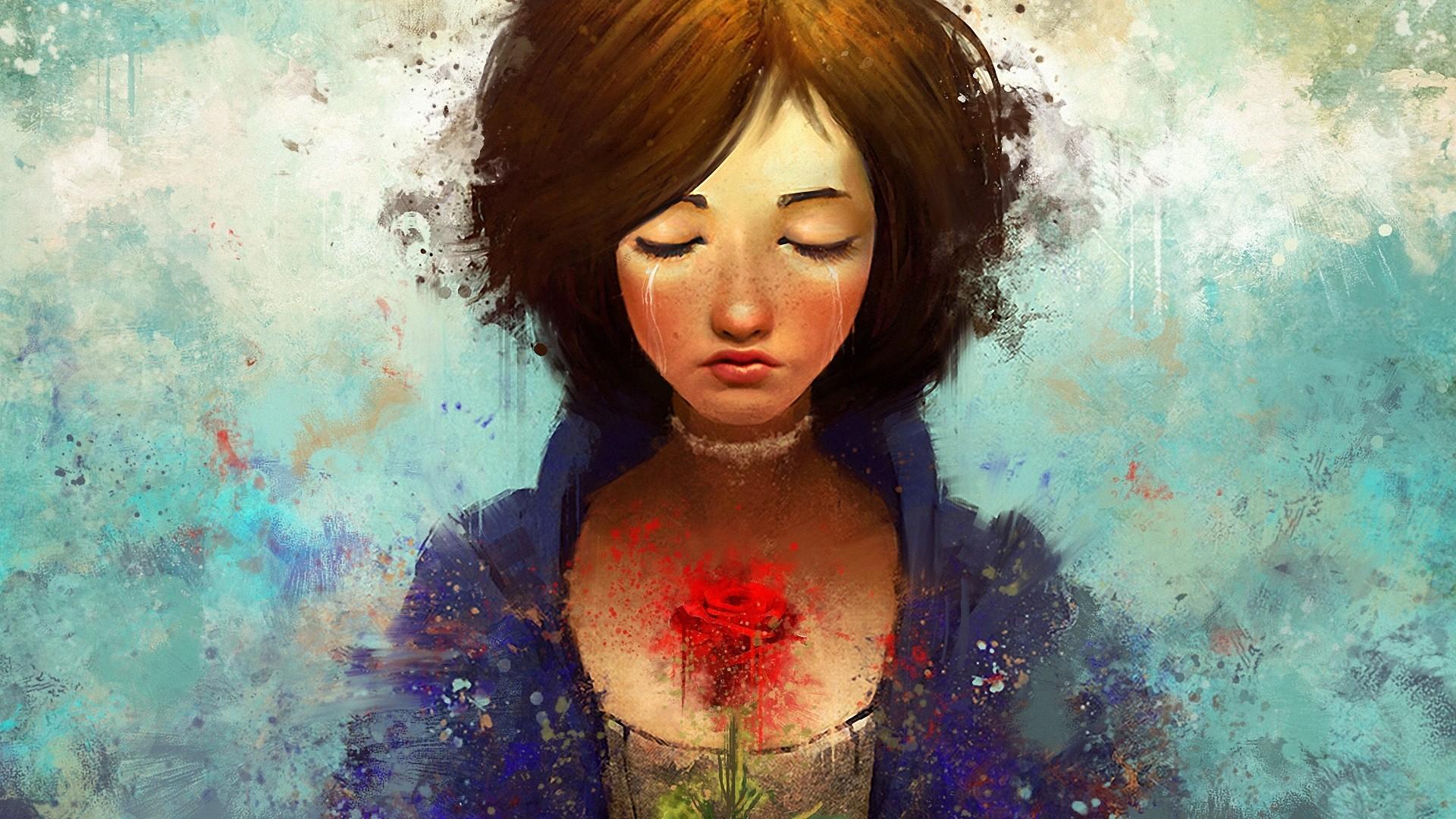 1920x1080 bioshock, Bioshock, Infinite, Cry, Sad, Brunette, Drawing, Face, Rose, Flower Wallpaper HD / Desktop and Mobile Background