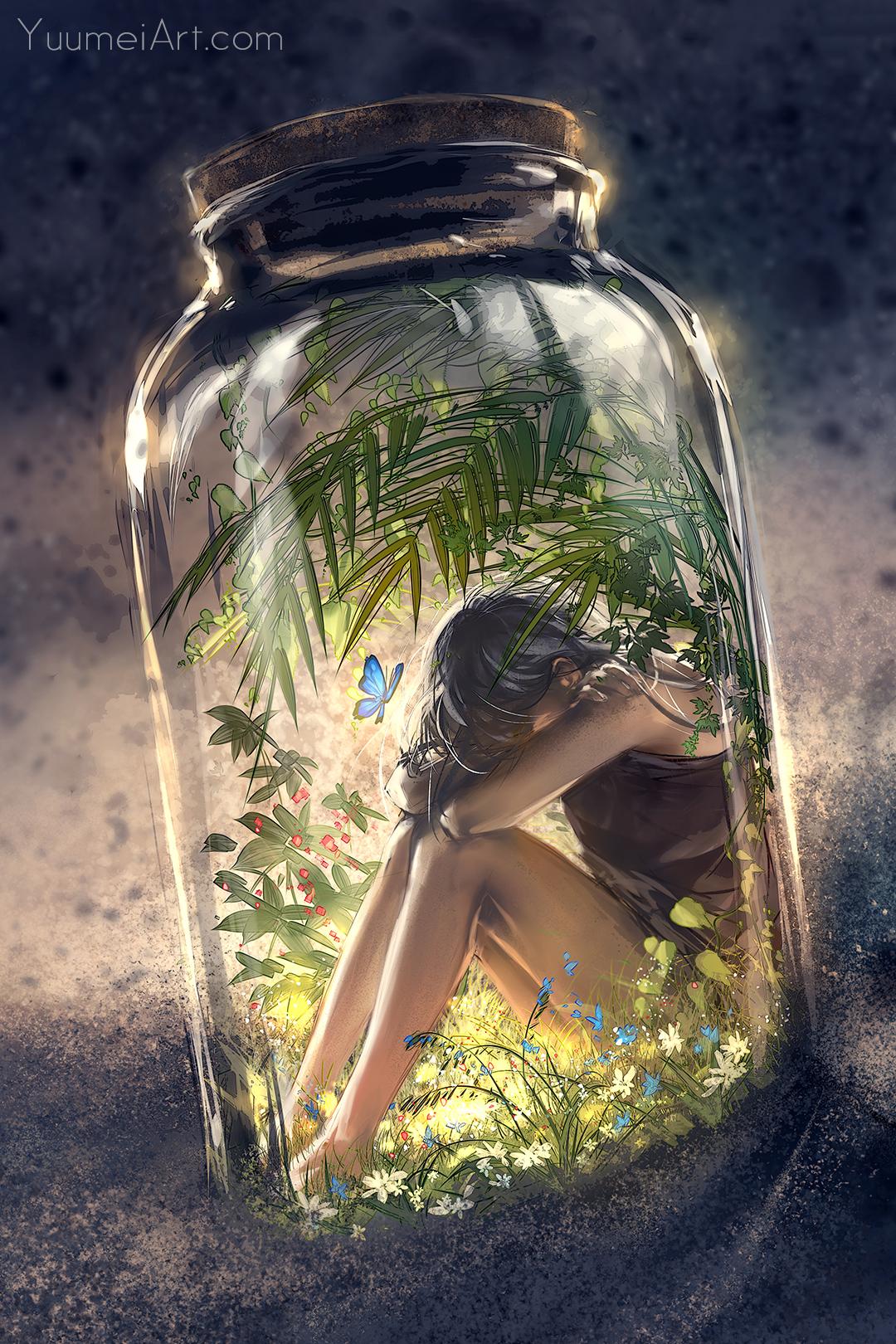 1080x1620 Yuumei Drawing Jar Women Crying Plants Butterflies Fantasy Art Wallpaper:1080x1620