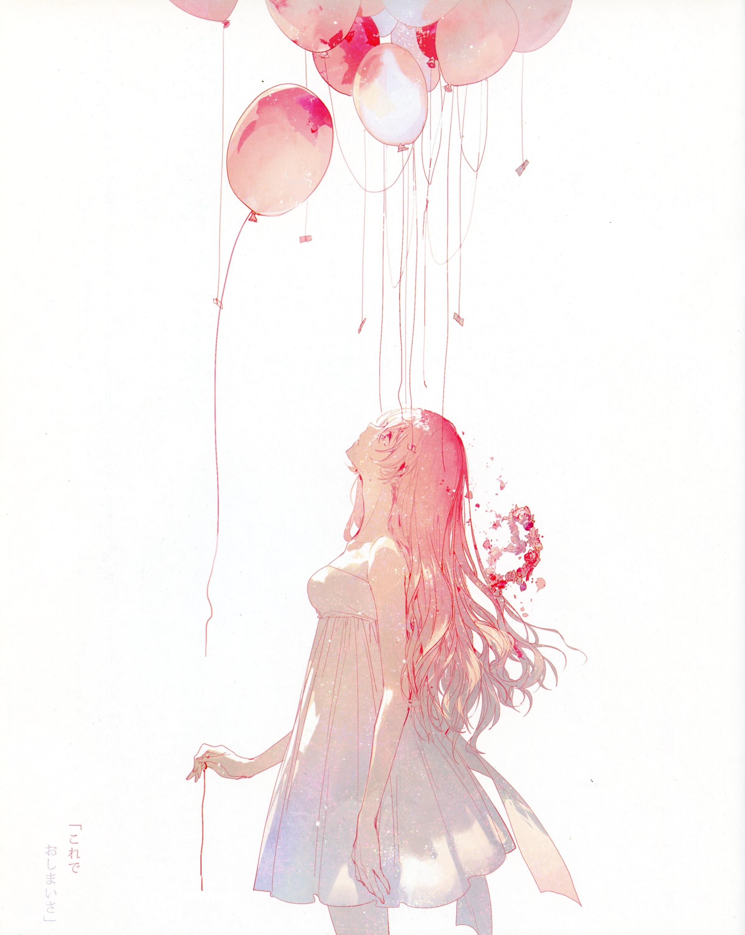 2393x3004 illustration, flowers, long hair, anime, anime girls, white dress, Vocaloid, crying, balloon, Toy, pink, Megurine Luka, flower, petal Gallery HD Wallpaper