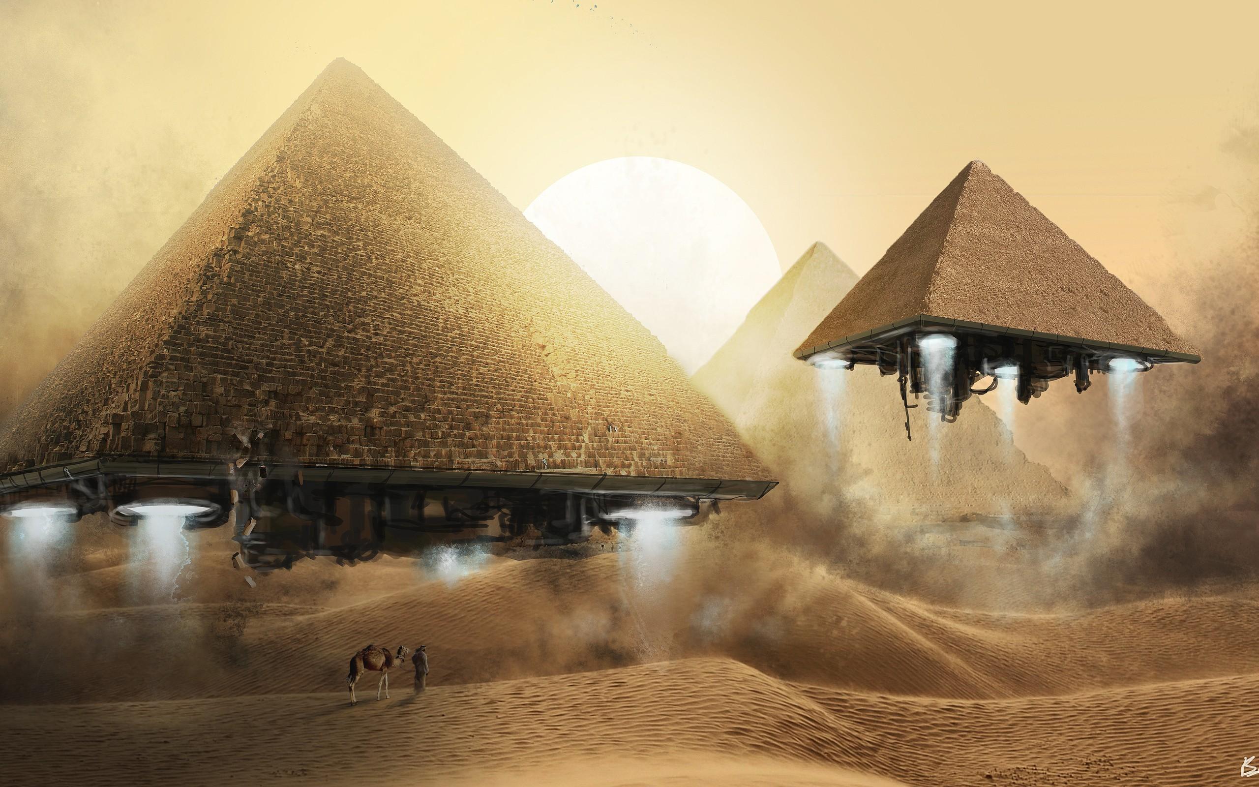 2560x1600 camels, Egypt, desert, sand, abstract, pyramid, fantasy art Gallery HD Wallpaper