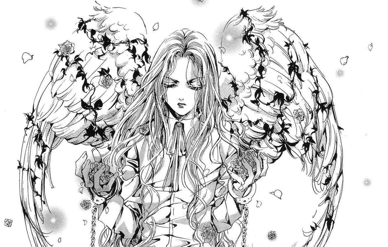 1332x850 Wallpaper figure, black and white, roses, wings, petals, chain, long hair, art, Angel sanctuary, Kaori Yuki, The abode of the angel image for desktop, section сёнэн