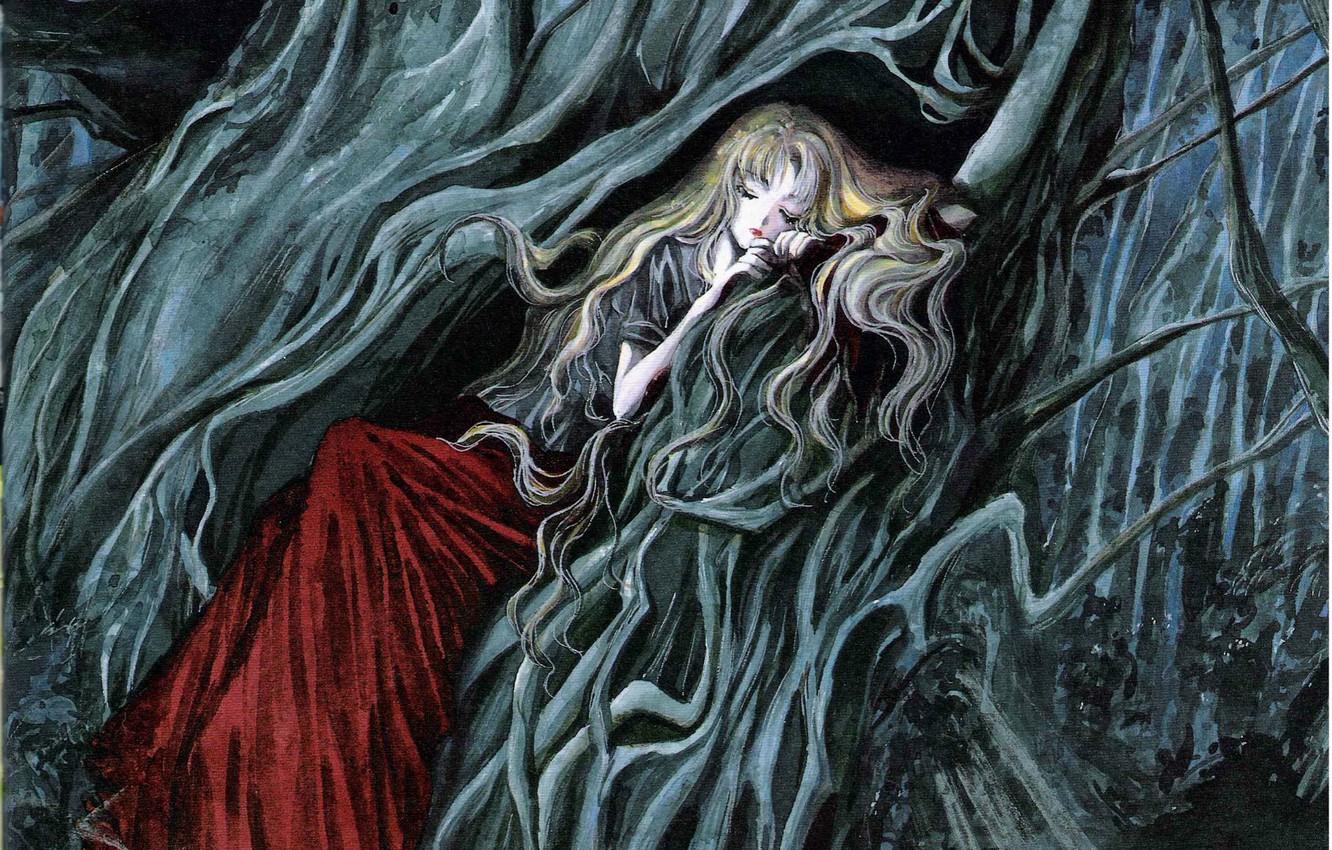 1332x850 Wallpaper tree, sleep, long hair, enchanted forest, Angel sanctuary, the abode of the angel, Rosiel image for desktop, section сёнэн