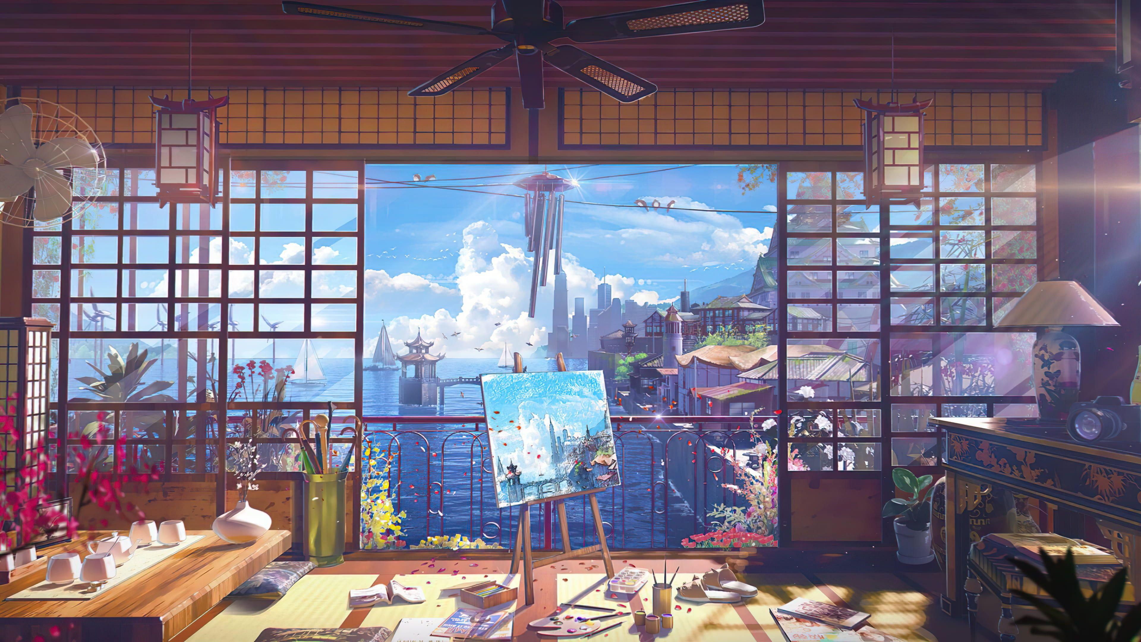 3840x2160 ocean view #room digital art #anime #painting #clutter #Japanese K # wallpaper #hdwallpaper #desktop. Художественные комнаты, Обои искусство, Милые обои
