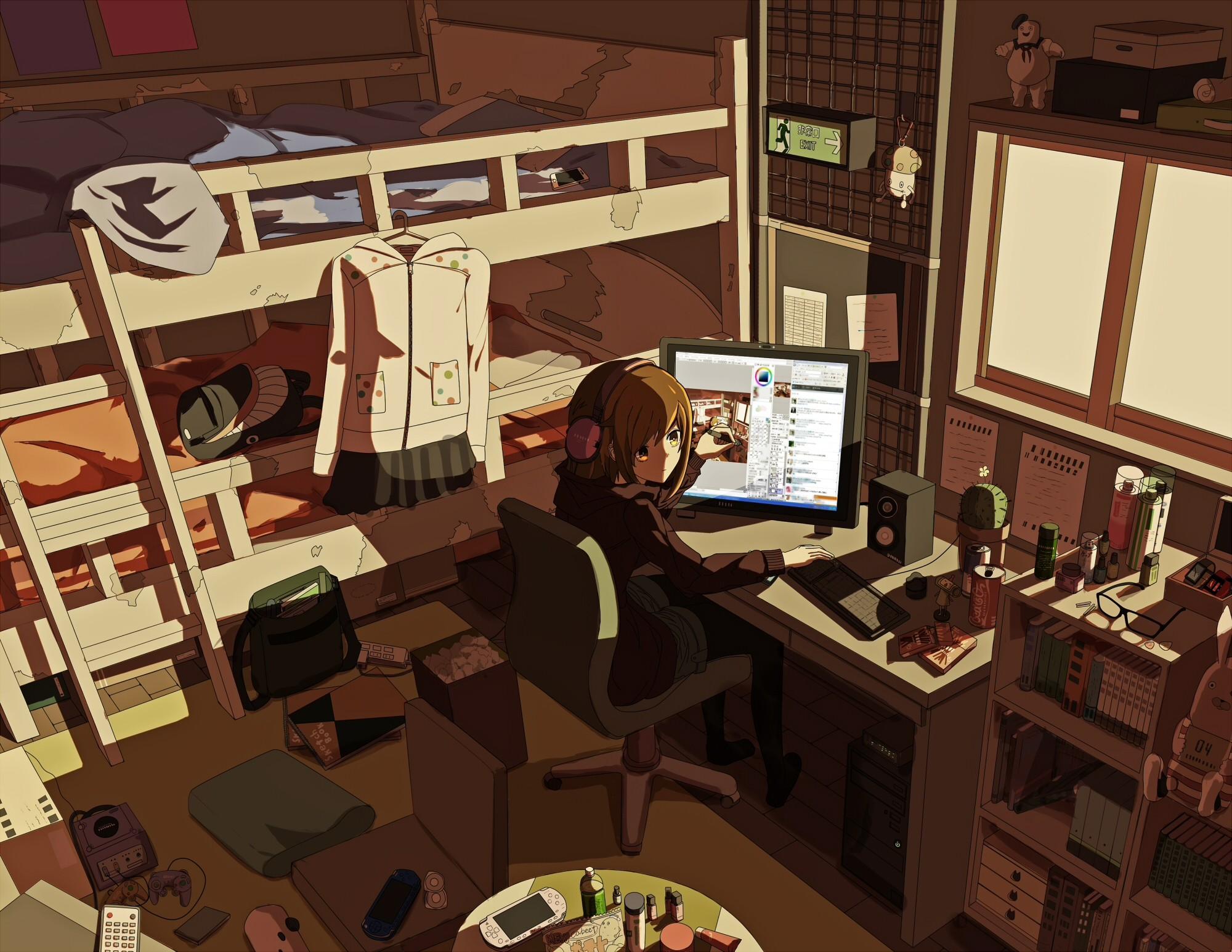 2000x1545 anime girls, Japan, bedroom, computer, anime Gallery HD Wallpaper