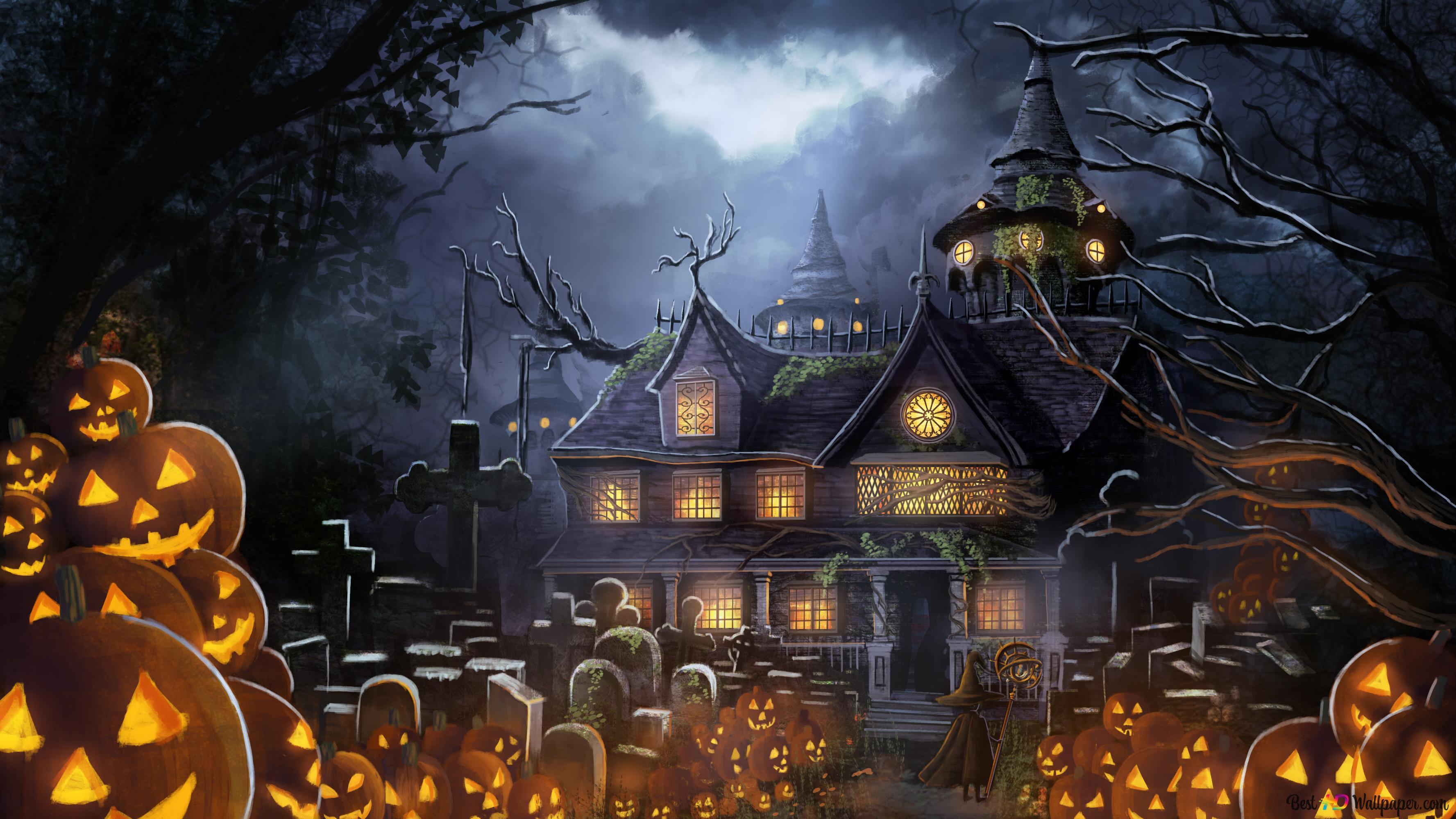 3554x1999 Halloween Pumpkin Haunted House 4K wallpaper download