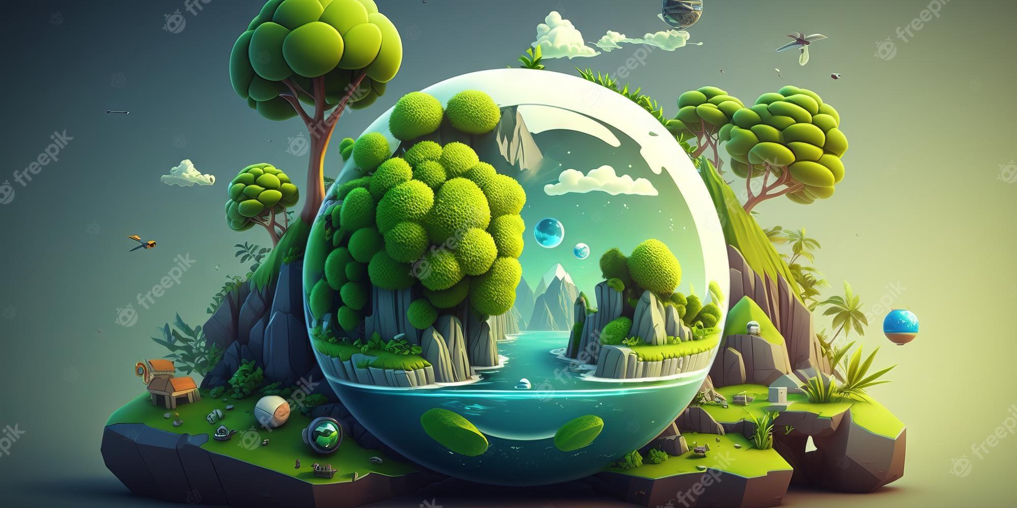 2000x1000 Premium Photo. Cartoon world celebrates environment day