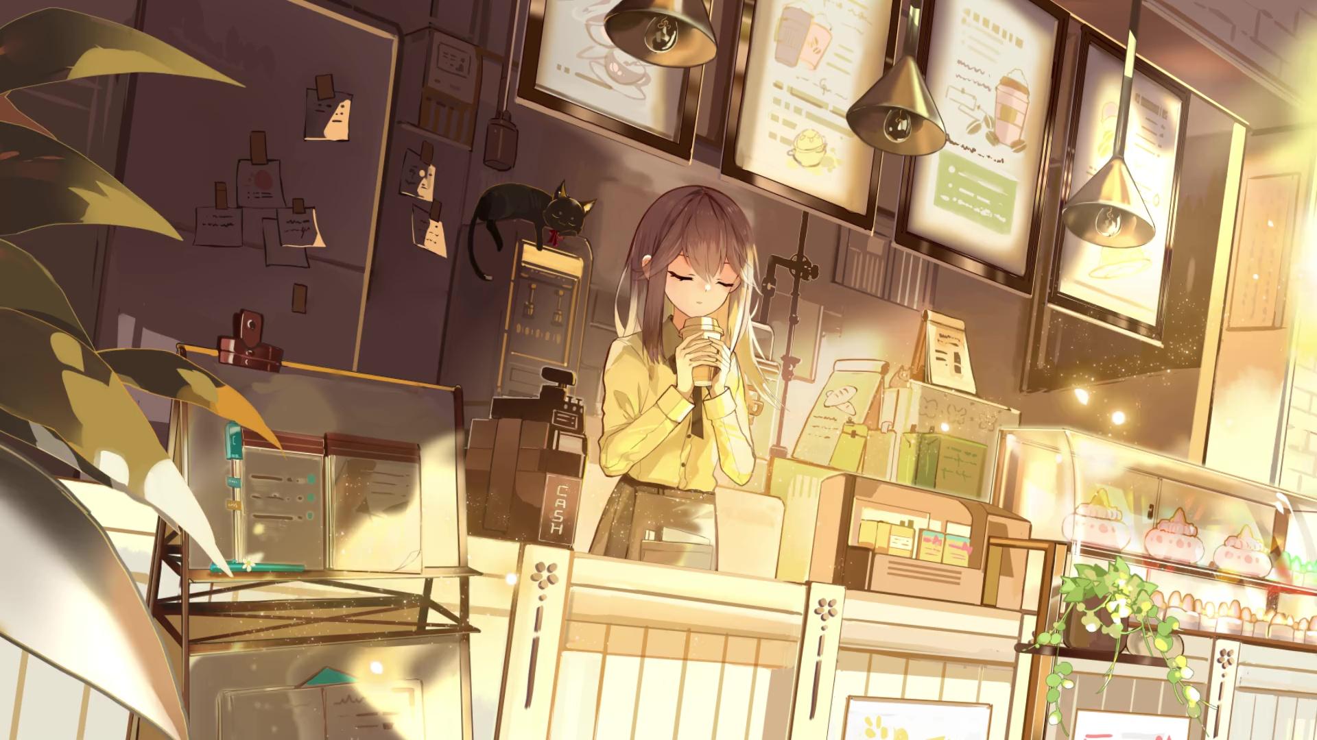 1920x1080 Anime Girl Coffee Shop Live Wallpaper