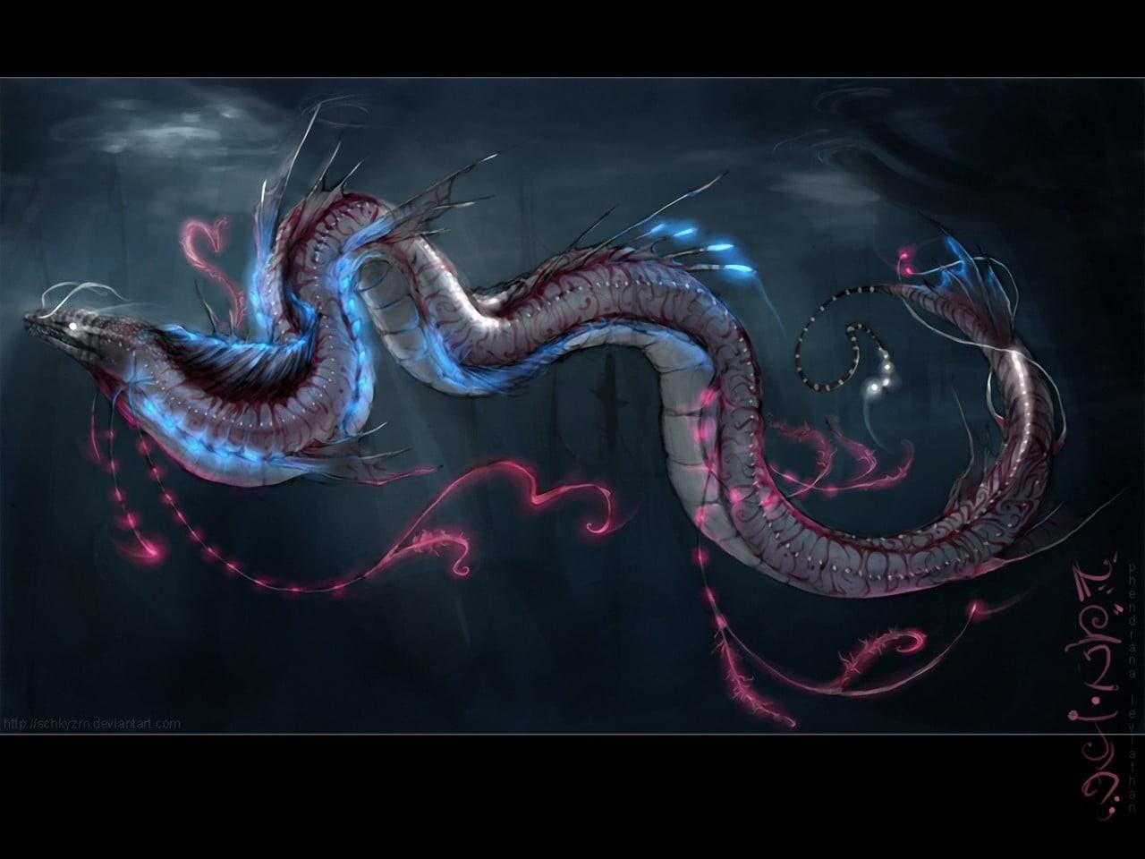 1280x960 Wallpaper / sea, dragon, sea life, undersea, black background, marine, animal themes, fantasy art, vertebrate, wallpaper, leviathan, animals in the wild, artwork, swimming free download