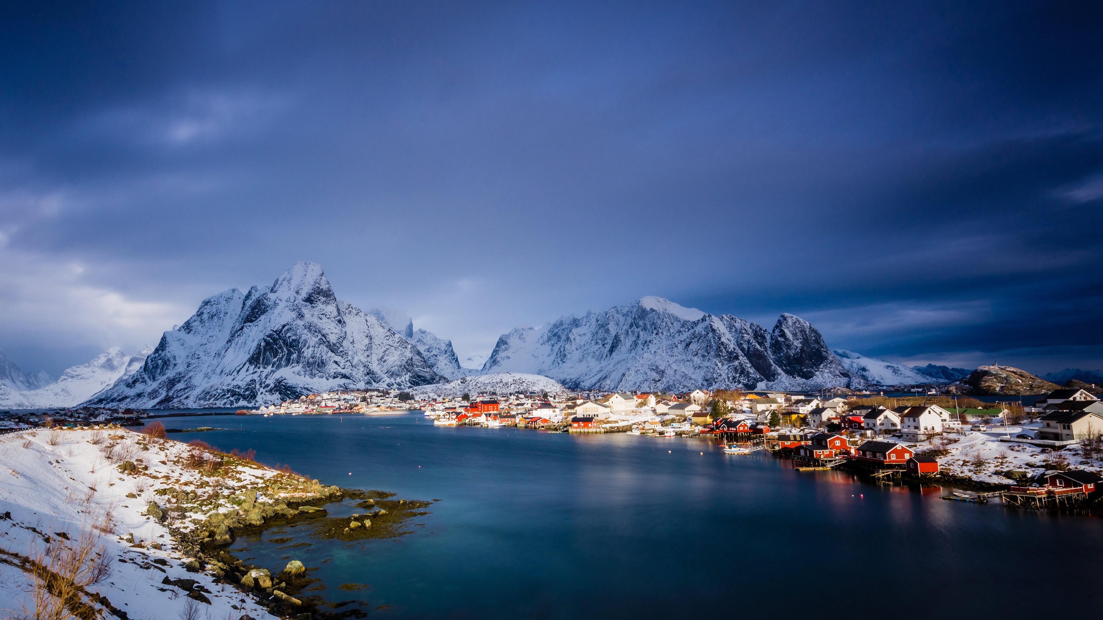 3840x2160 4K, Norway, Mountains, Sea, Houses, Lofoten, Snow Gallery HD Wallpaper