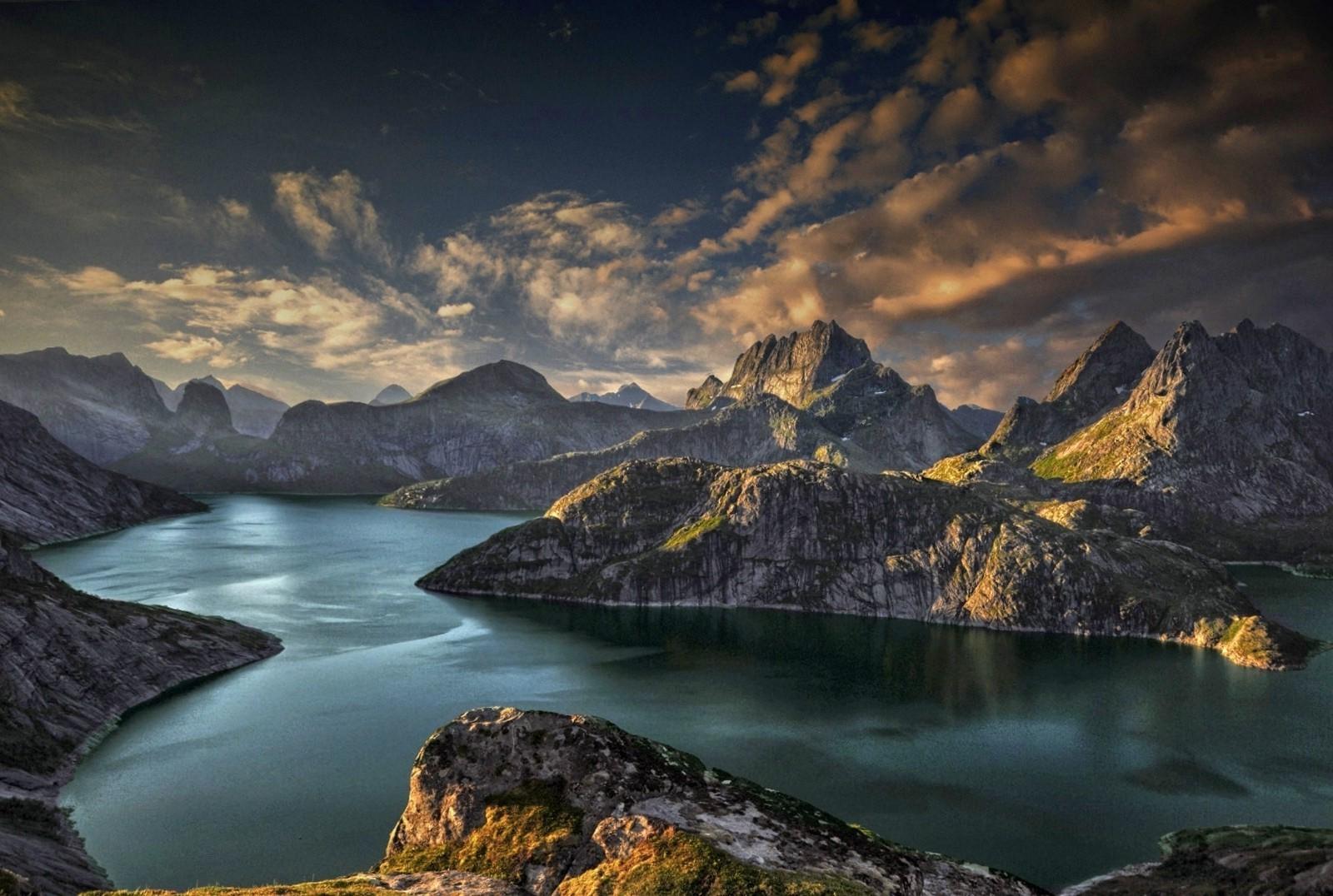 1600x1076 landscape, Nature, Mountains, Fjord, Sunset, Clouds, Island, Sky, Sunlight, Lofoten, Norway Wallpaper HD / Desktop and Mobile Background