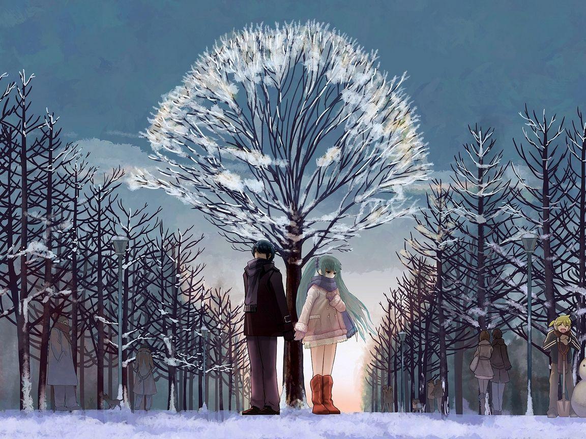 1152x864 Download wallpaper 1152x864 anime, couple, love, walk, woods, winter
