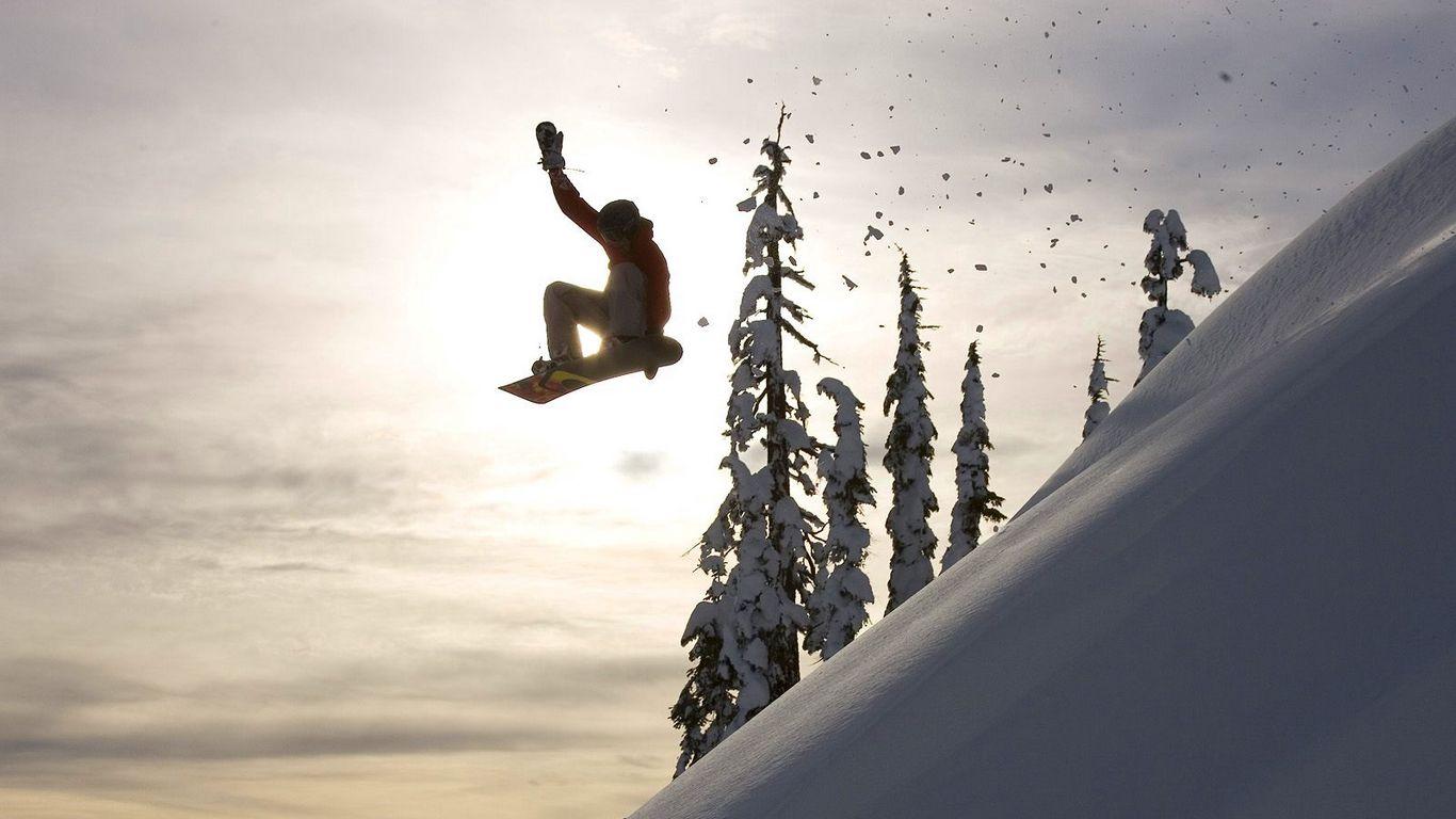 1366x768 Download wallpaper 1366x768 snowboard, jump, descent, evening tablet, laptop HD background