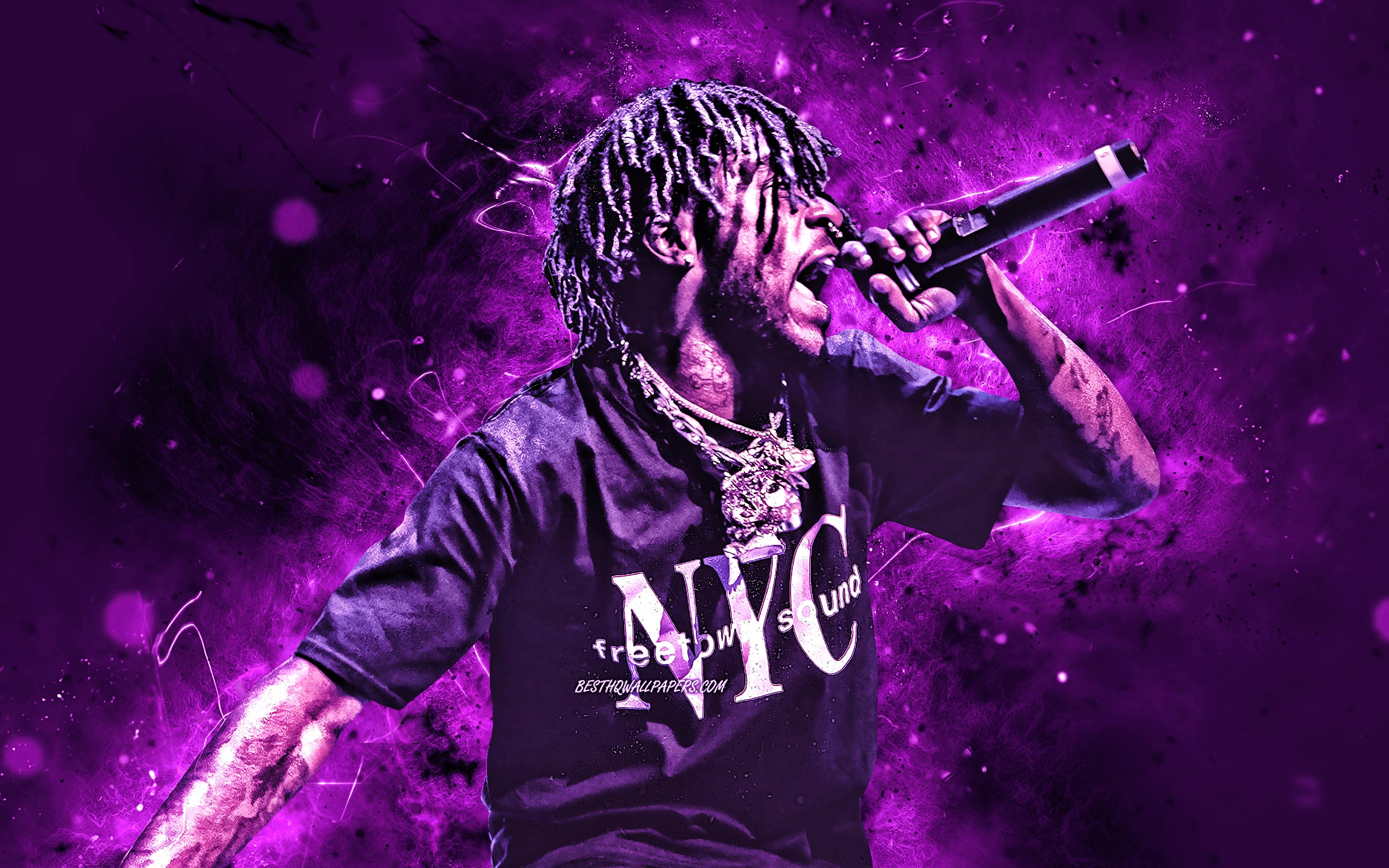 3840x2400 Download wallpaper Lil Uzi Vert, 4k, american rapper, music stars, concert, Symere Woods, american celebrity, Lil Uzi Vert with microphone, violet neon lights, creative, Lil Uzi Vert 4K for desktop with resolution