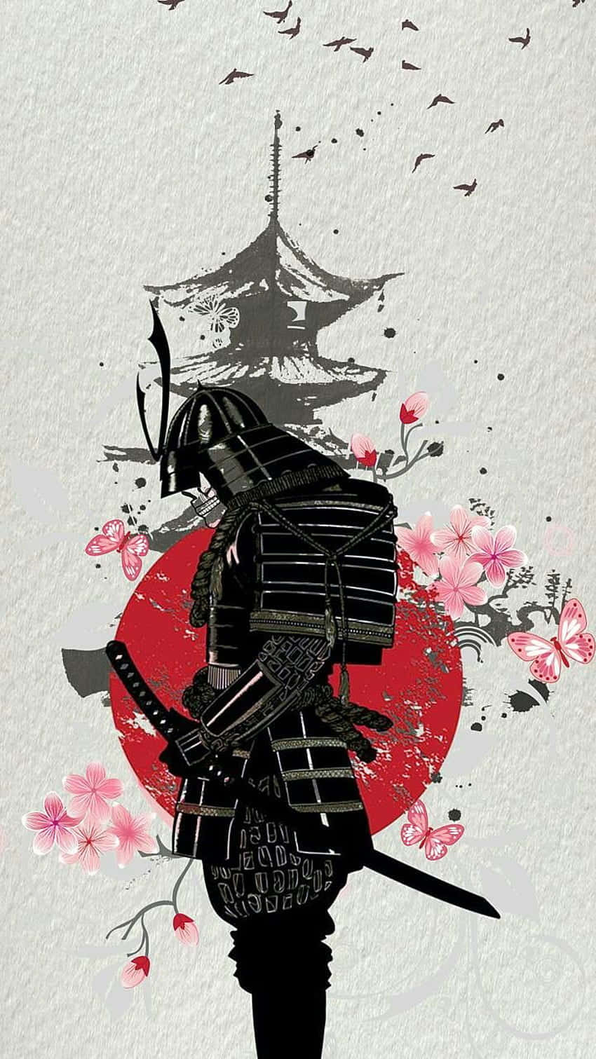 850x1511 Download A Samurai With A Sword And Flowers Wallpaper