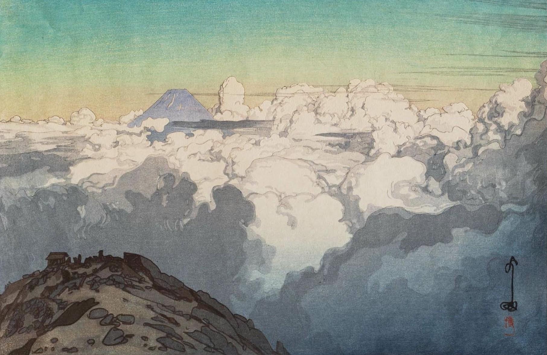 1813x1176 clouds, artwork, Yoshida Hiroshi, mountains, Japanese, painting Gallery HD Wallpaper