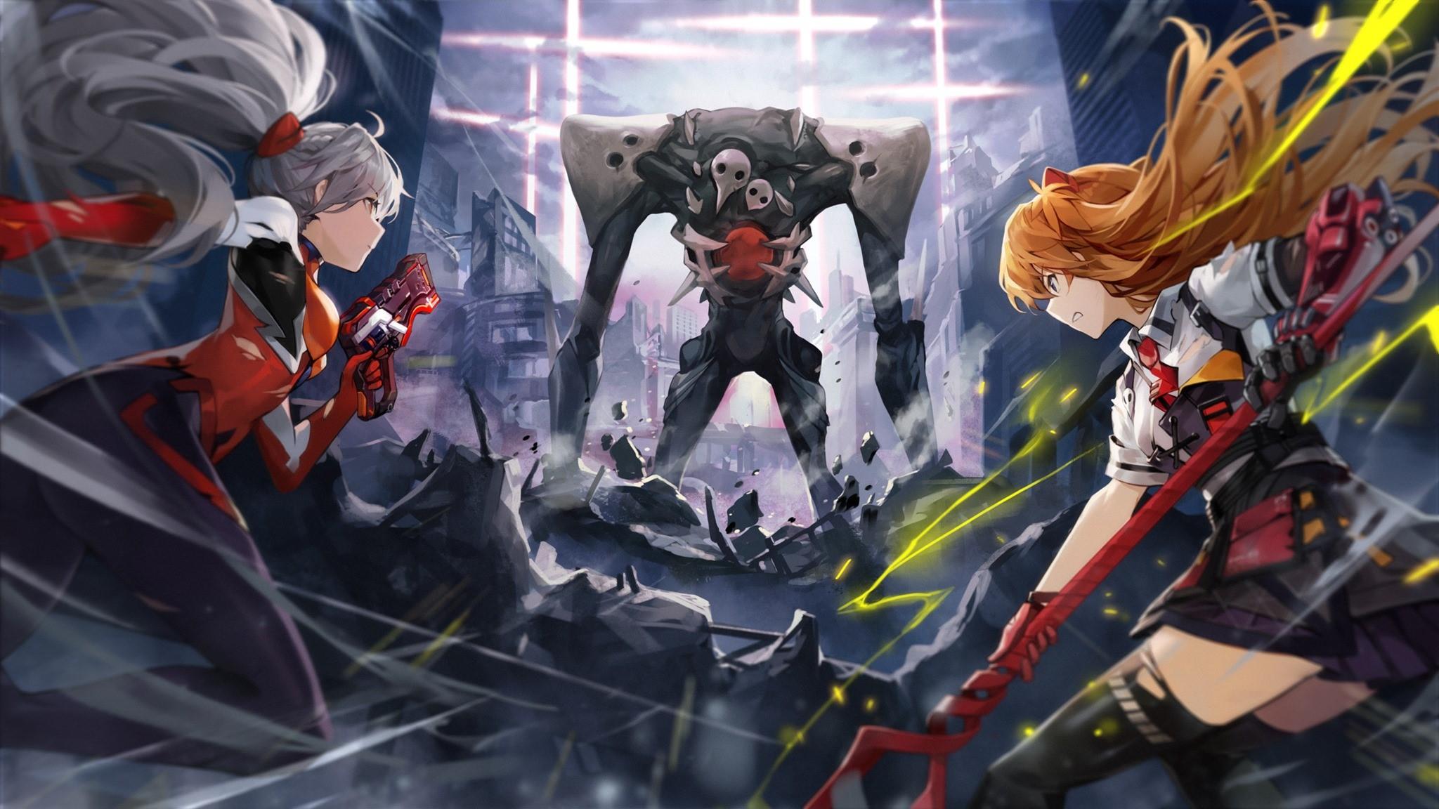 2048x1152 Honkai, Spear, 2D, Kiana Kaslana (Herrscher Of The Void), Bodysuit, Honkai Impact 3rd, Portrait, Artwork, Neon Genesis Evangelion, Goomrrat, Thigh Highs, Anime, Sachiel (Evangelion), Gun, Asuka Langley Soryu, Honkai Impact, Miniskirt, Anime