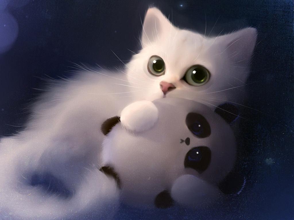 1024x768 White Kitten, Cute, Big Eyes, Art Cat Wallpaper