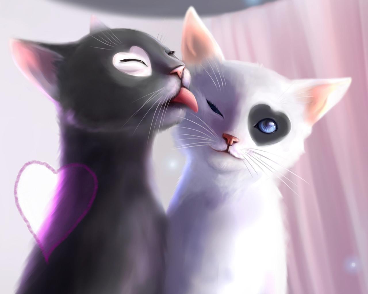 1280x1024 Black & White Cat (Love Heat, kiss, Art) Wallpaper
