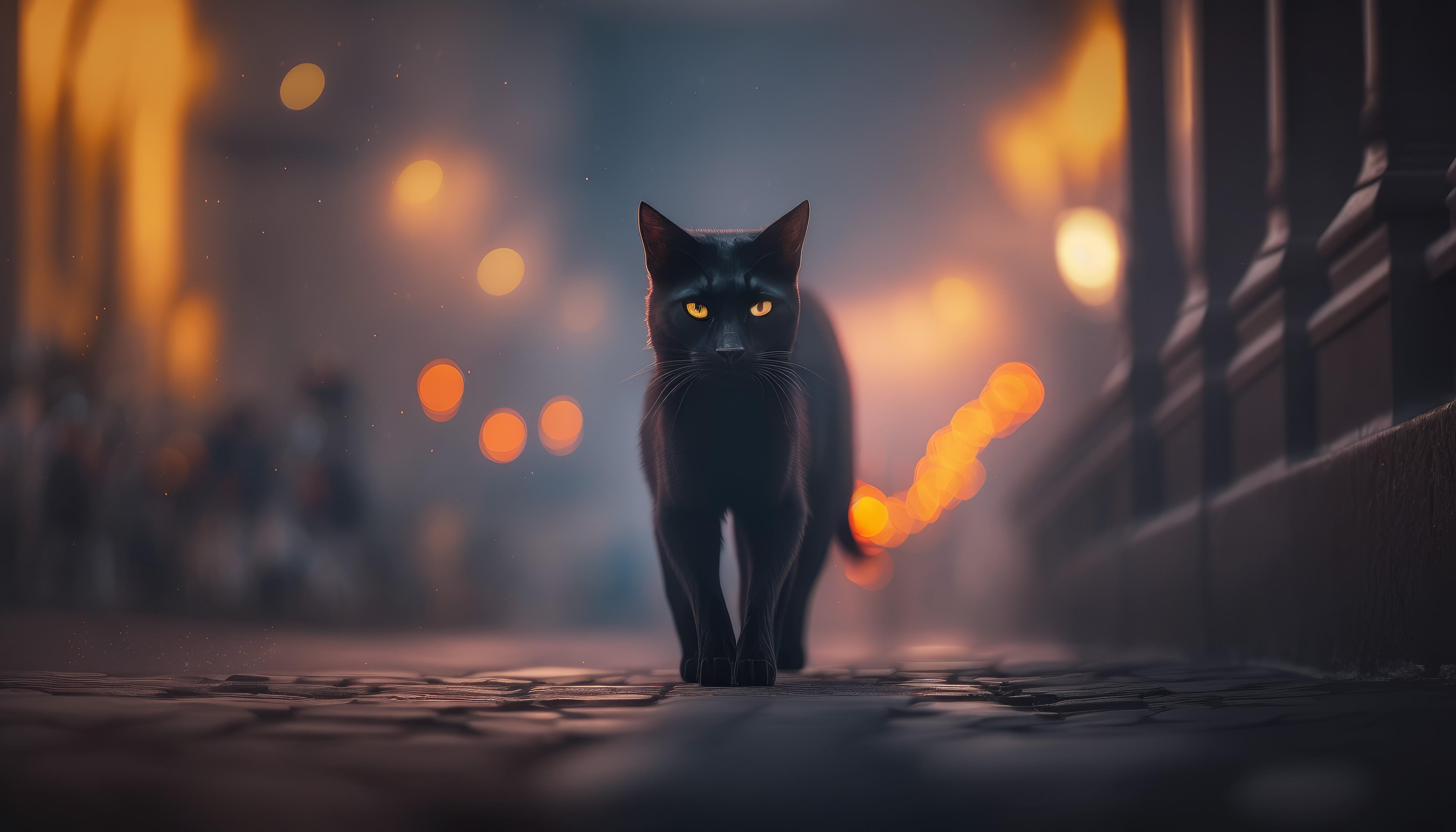 4579x2616 Ai Art Animals Pet Cats Illustration Black Bokeh Simple Background Minimalism Gangster Wallpaper:4579x2616