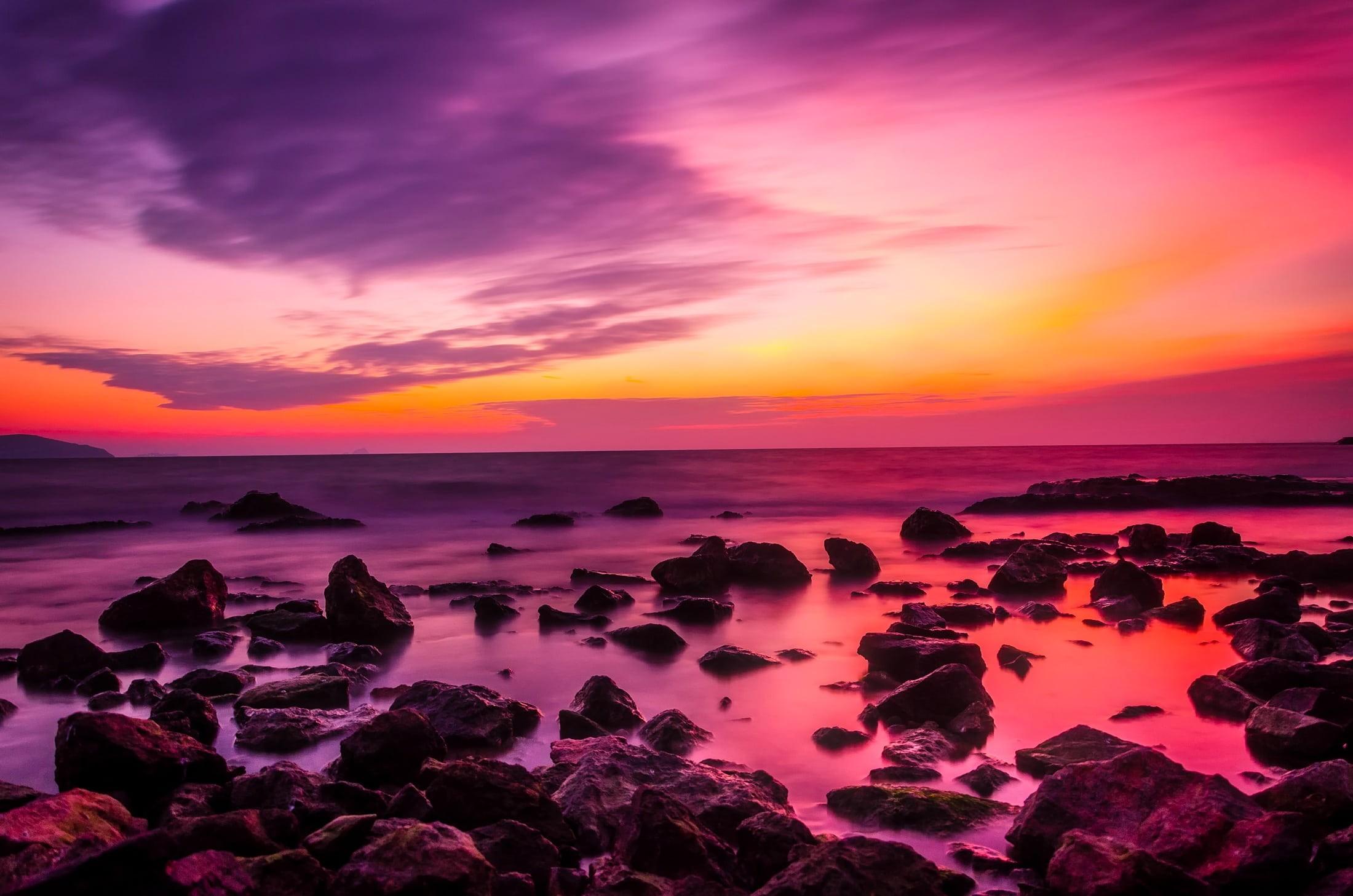 2200x1457 Wallpaper / beach, turkey, horizon, colorful, beautiful, orange color, solid, purple, hdr, scenics, seaside, dramatic sky, reflections, rock, dusk, clouds free download