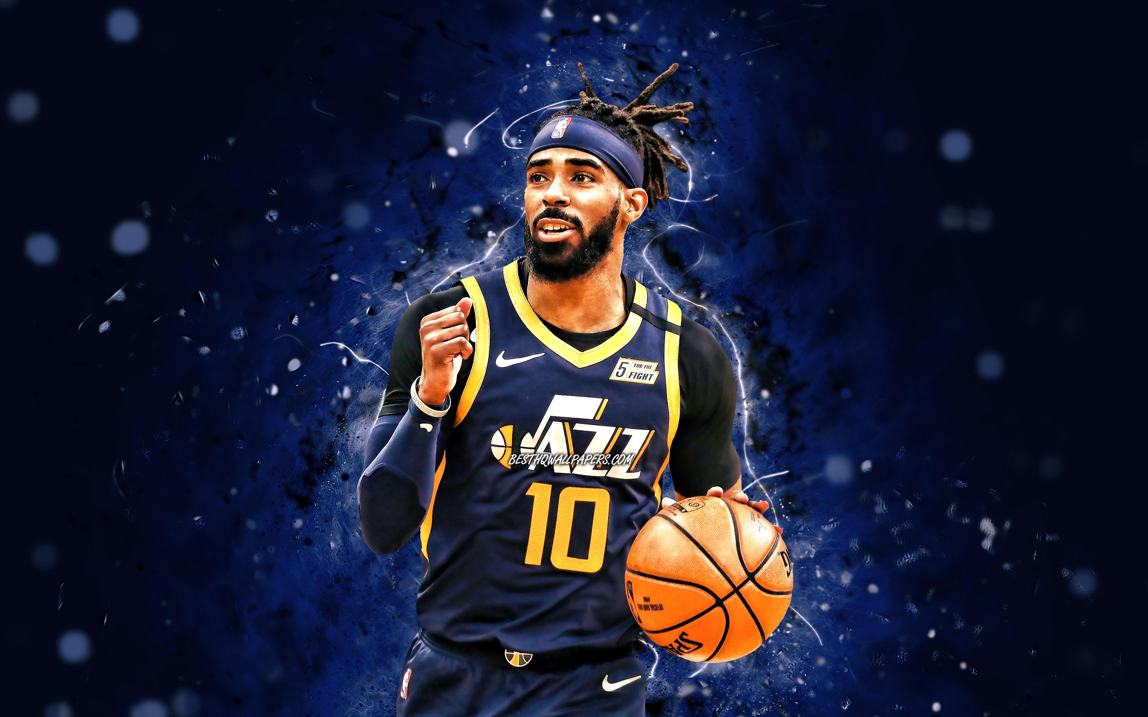 3840x2400 Download wallpaper Mike Conley, 4k, Utah Jazz, NBA, basketball, Michael Alex Conley Jr, Mike Conley Utah Jazz, blue neon lights, Mike Conley 4K for desktop with resolution 3840x2400. High Quality HD picture