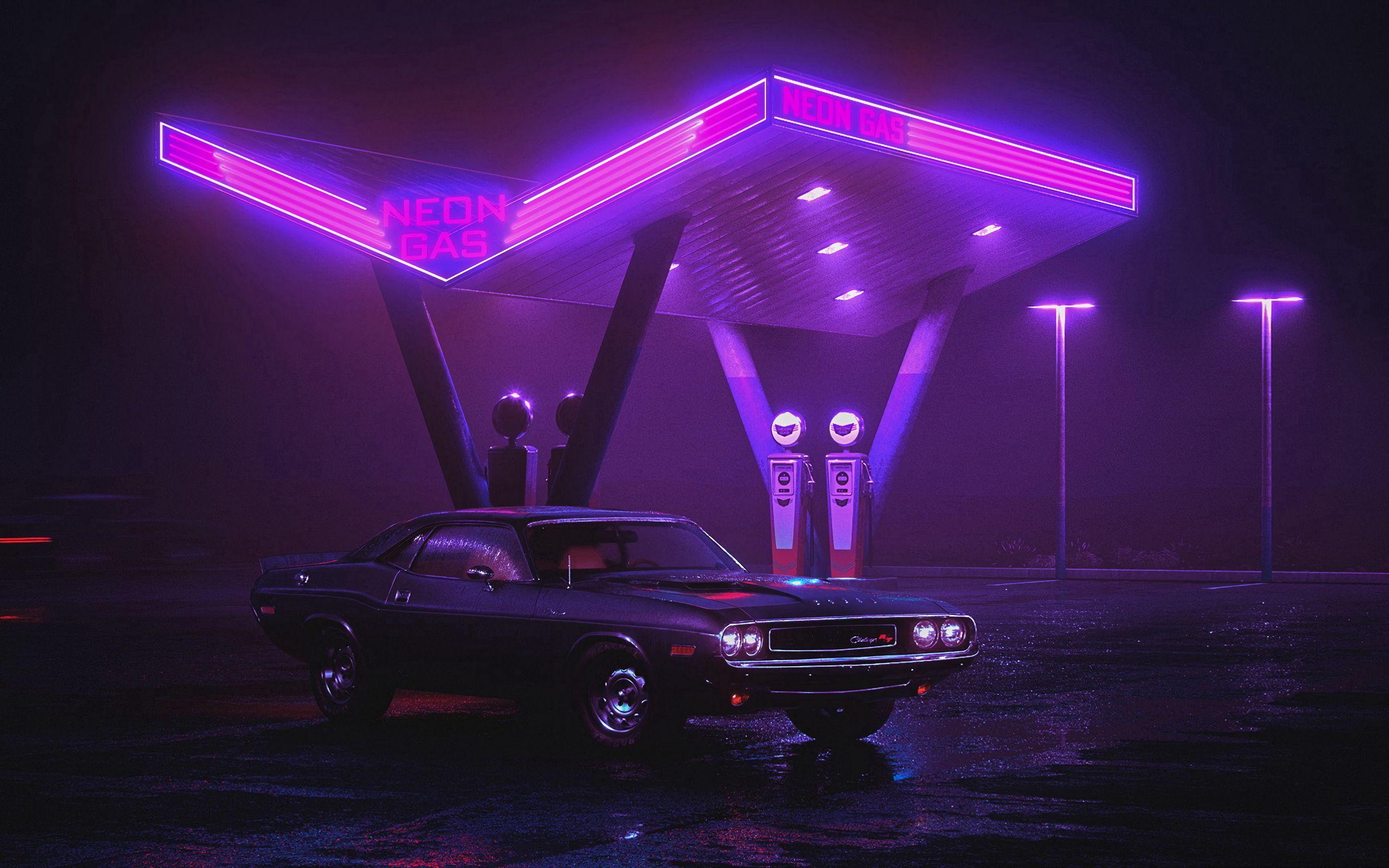 2560x1600 Download wallpaper 2560x1600 car, old, neon, refueling, night widescreen 16:10 HD background