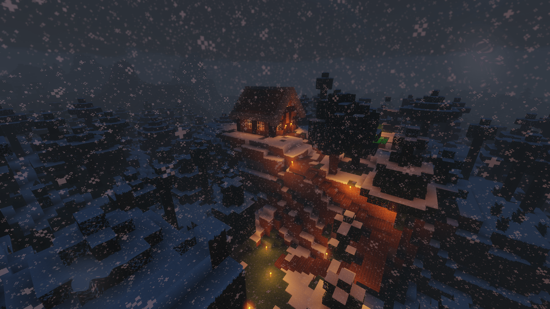 1920x1080 Started a new survival world and decided to make a cabin and try building in a snow biome for the first time!