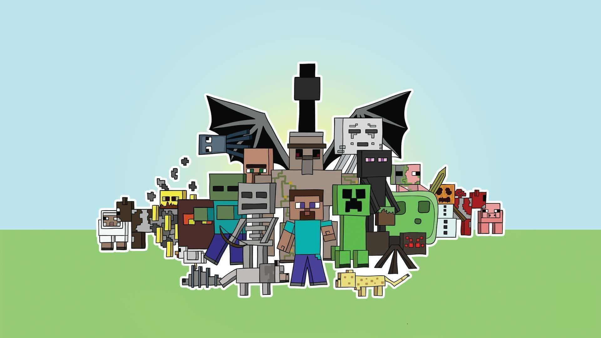 1920x1080 Download Minecraft Group Of People Standing In Front Of A Green Field Wallpaper