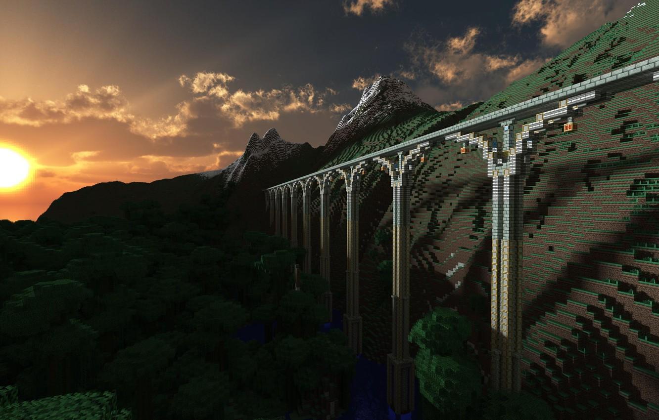 1332x850 Wallpaper forest, the sky, grass, the sun, clouds, snow, mountains, bridge, earth, top, shadows, Minecraft image for desktop, section игры