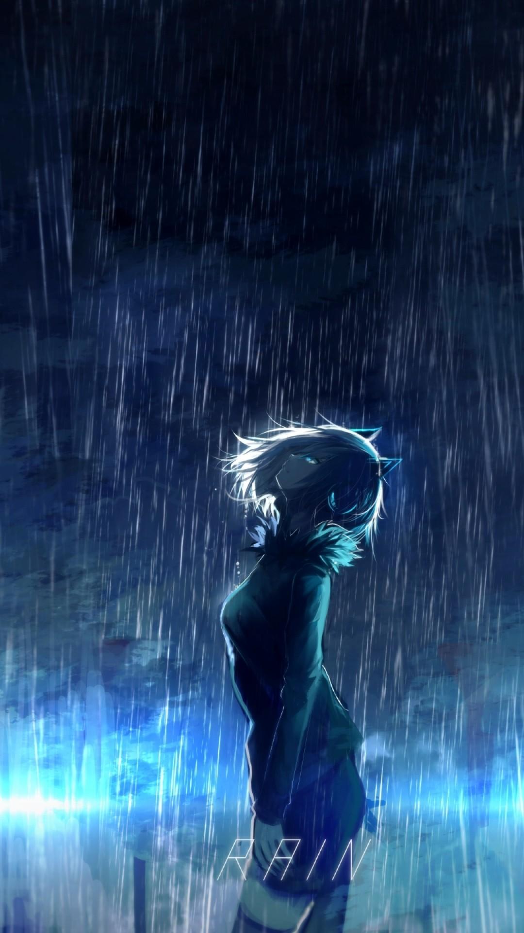 1080x1920 Anime Girl, Scenic, Raining, Animal Ears, Profile View, Night, Dark