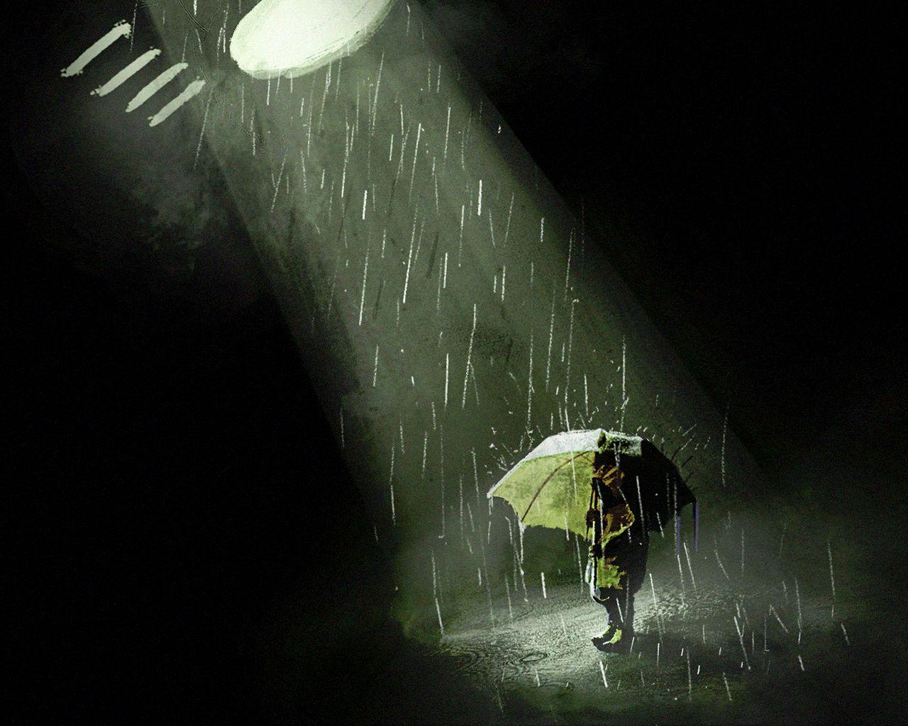 1280x1024 Download wallpaper 1280x1024 silhouette, umbrella, rain, light, beam, art standard 5:4 HD background