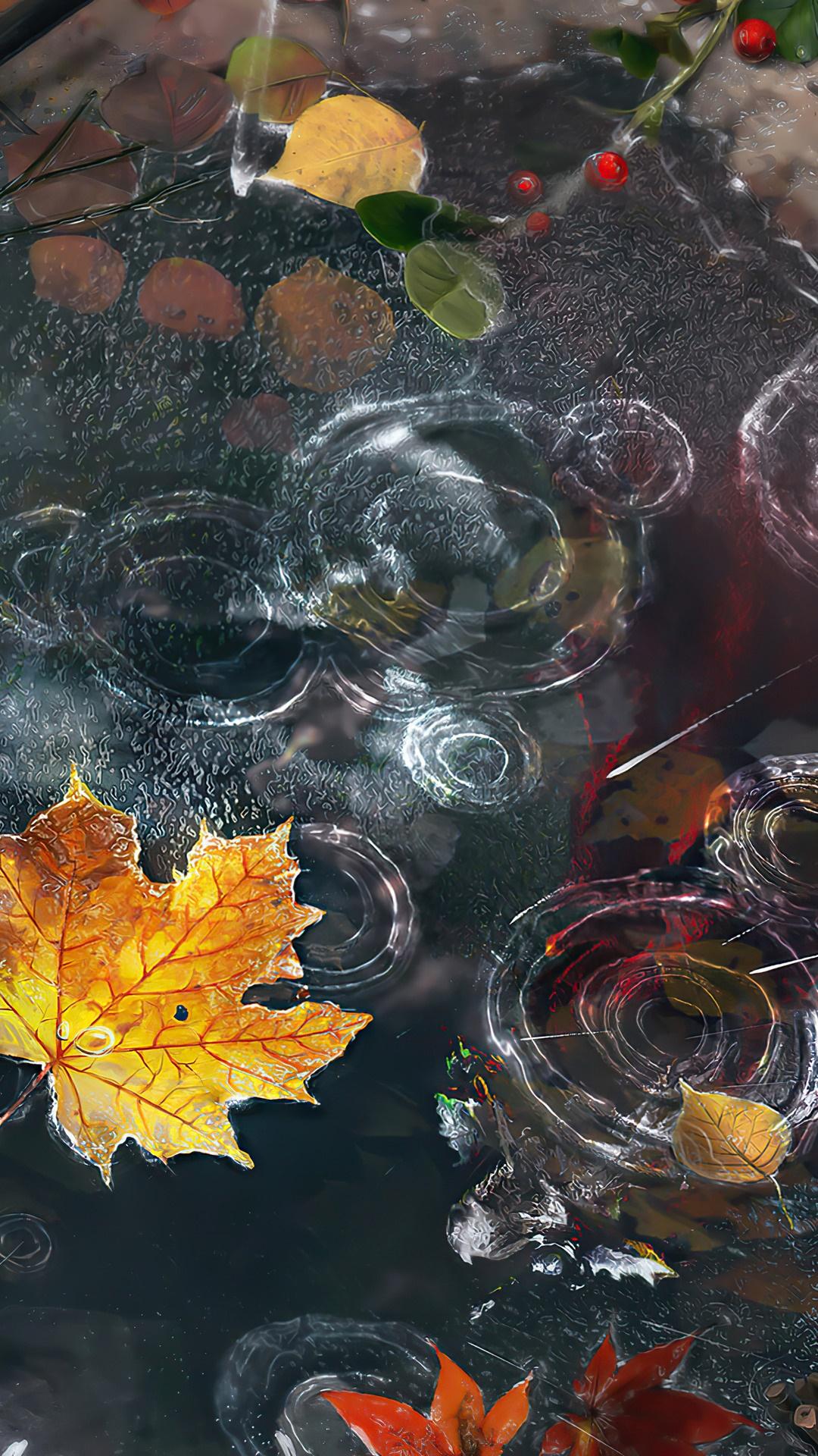 1080x1920 Rain Drop, Autumn, Leaves, Digital Art, Full HD phone Gallery HD Wallpaper