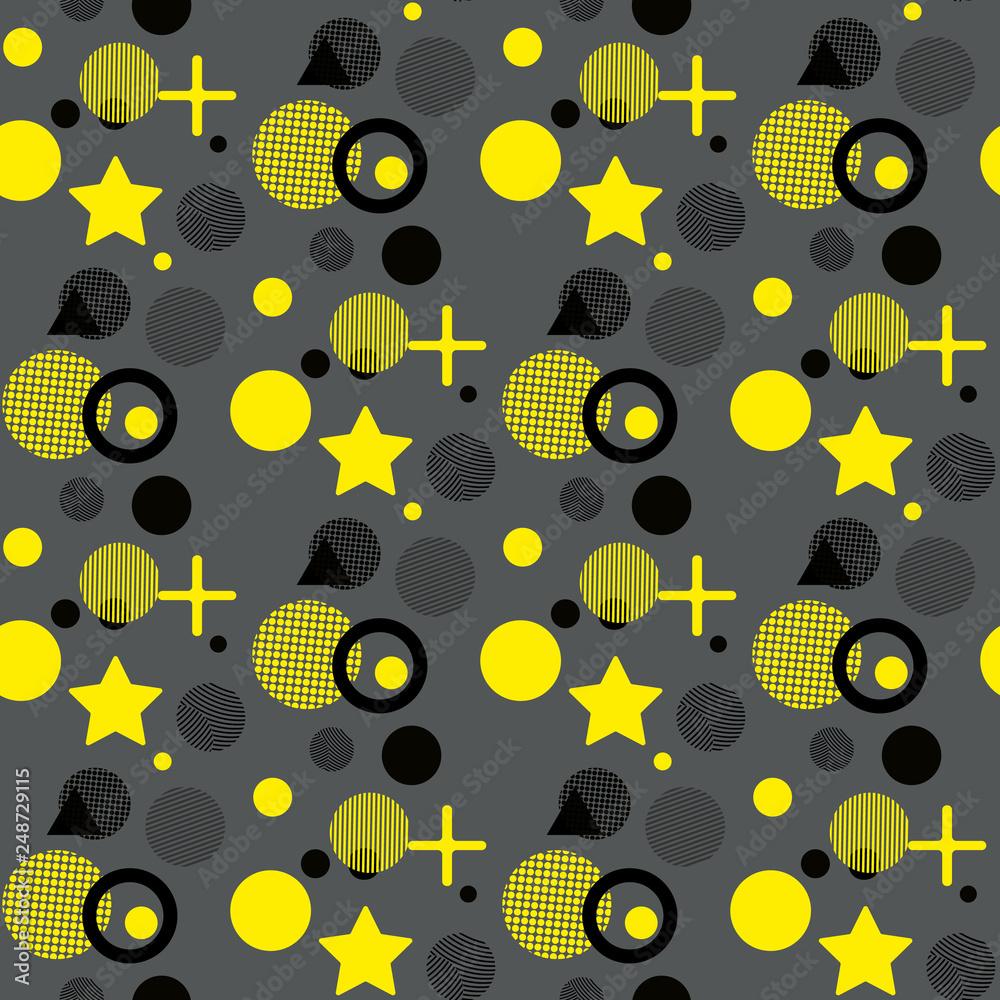 1000x1000 Universal vector fashion geometric seamless pattern. Flat repeated trendy design elements in black, yellow, memphis style. For package, wallpaper, textile Stock Vector