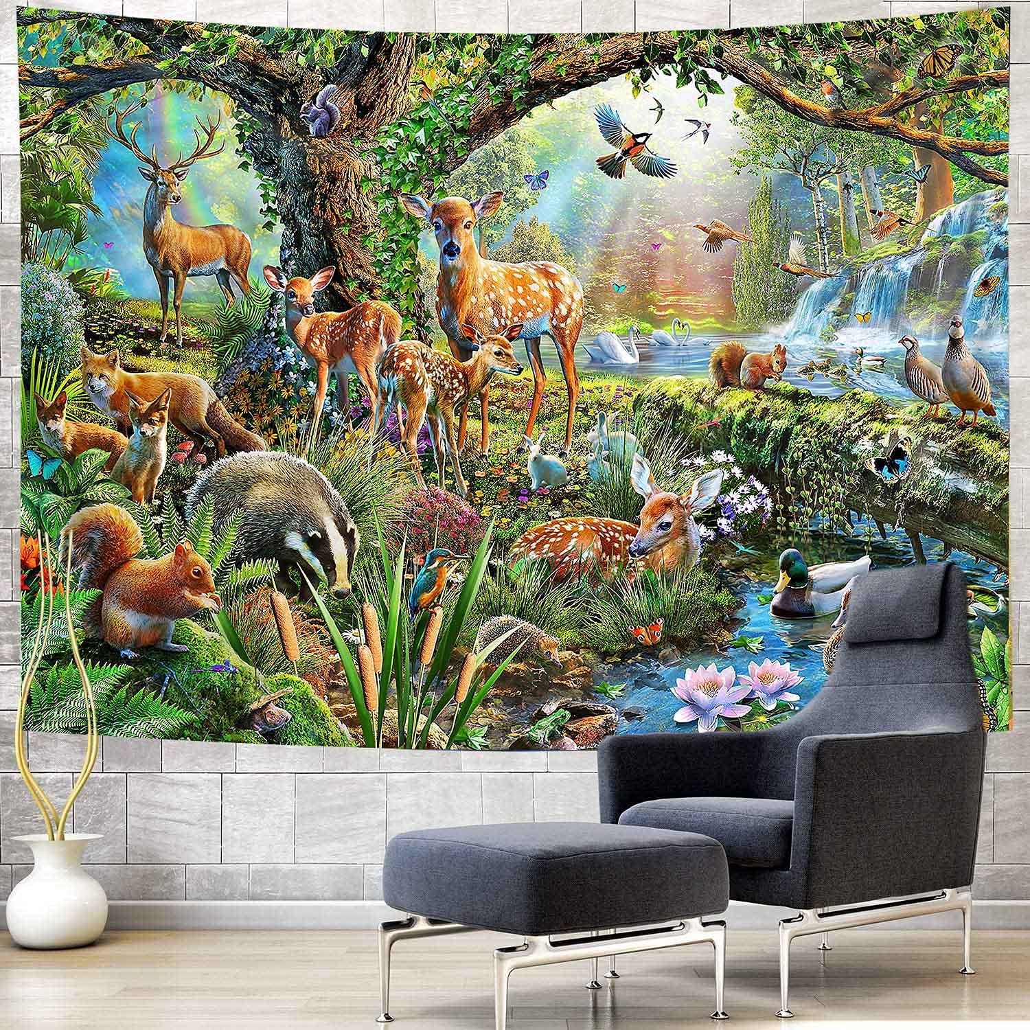 1500x1500 Simsant Animal World Tapestry Fairyland Forest Psychedelic Rainbow Animal Decor Wall Tapestry Cute Funny Animals Resting Under The Ancient Tree Bedroom Living Room Decor SIZY1506(60x40) : Home & Kitchen