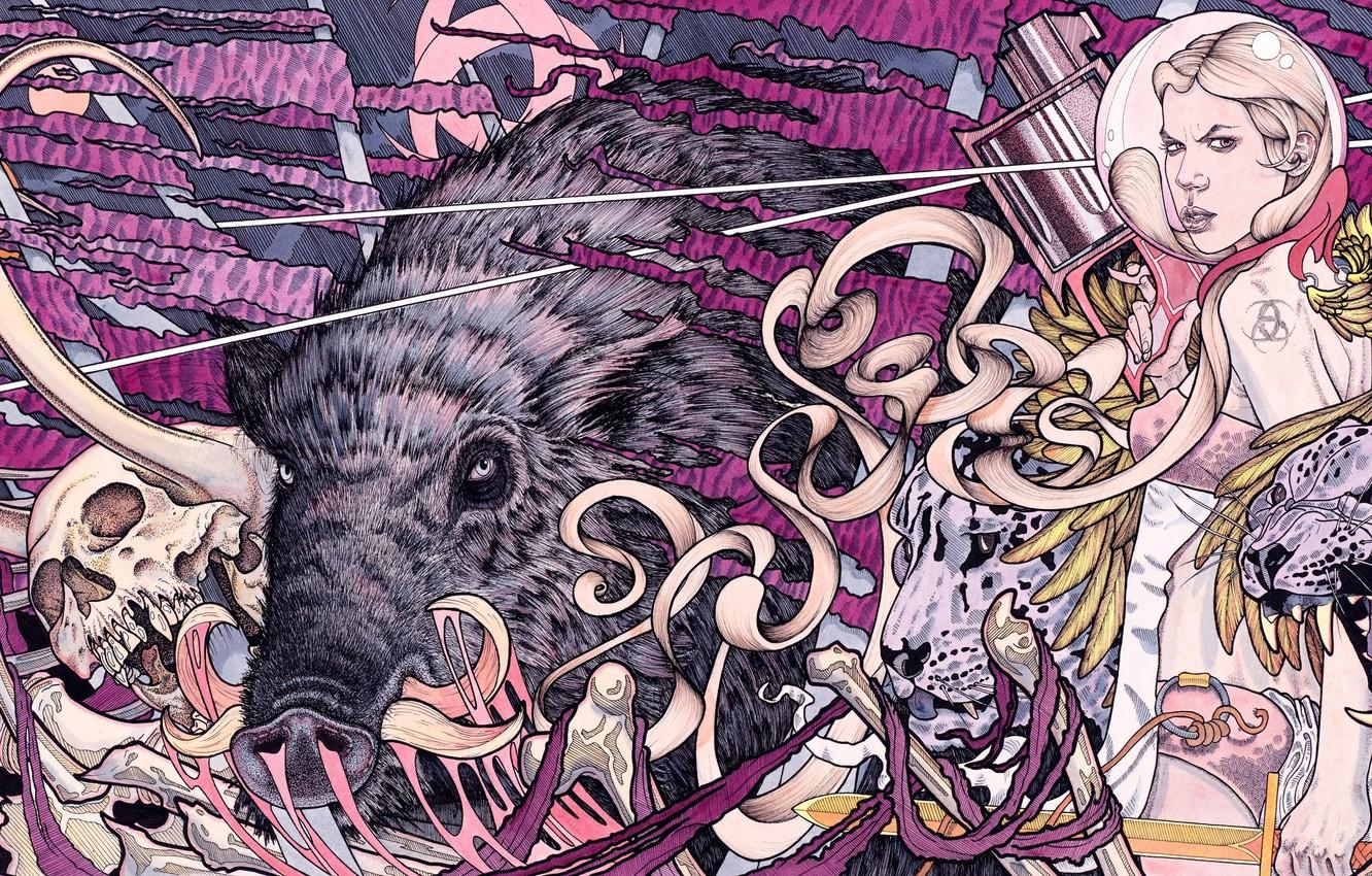 1332x850 Wallpaper Abstract, animals, skulls, tigers, Psychedelic, girl with gun, boars, 3600x1802 image for desktop, section абстракции