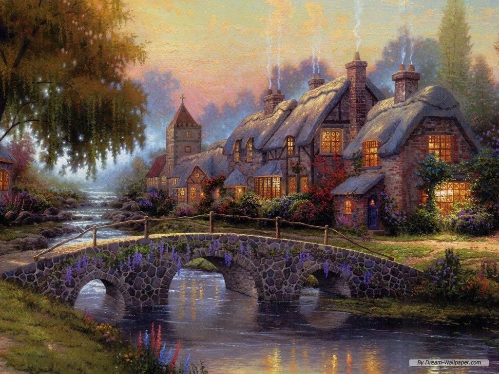 1024x768 Thomas Kinkade Fall Wallpaper