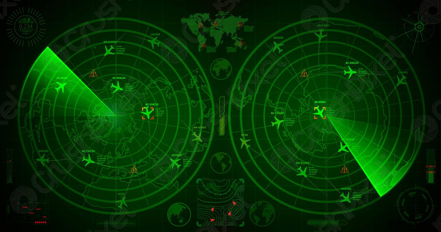 1500x790 Detailed military radar with two green displays with with planes vector 1813375