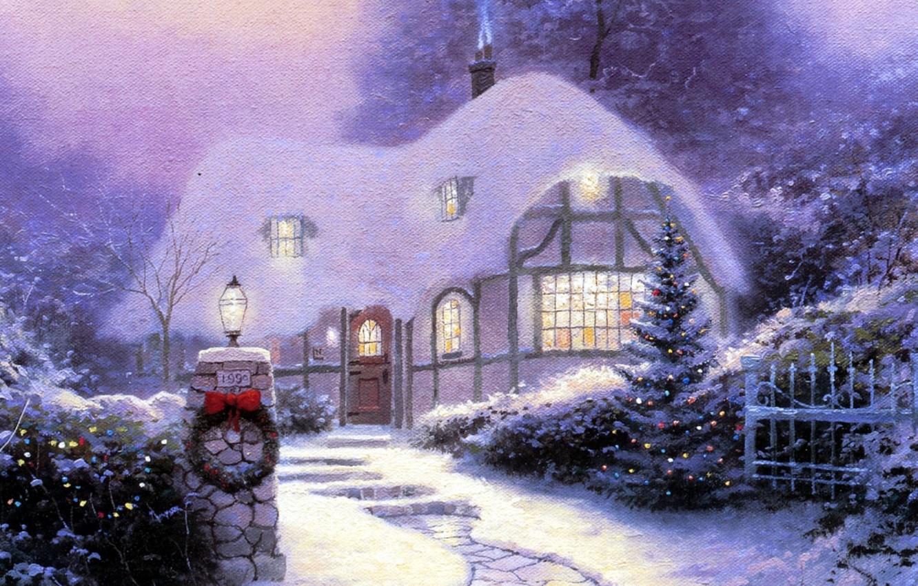 1332x850 Wallpaper snow, holiday, picture, room, track, lantern, steps, tree, painting, the light in the Windows, Thomas Kinkade, Christmas Cottage Christmas cottage - for desktop, section живопись
