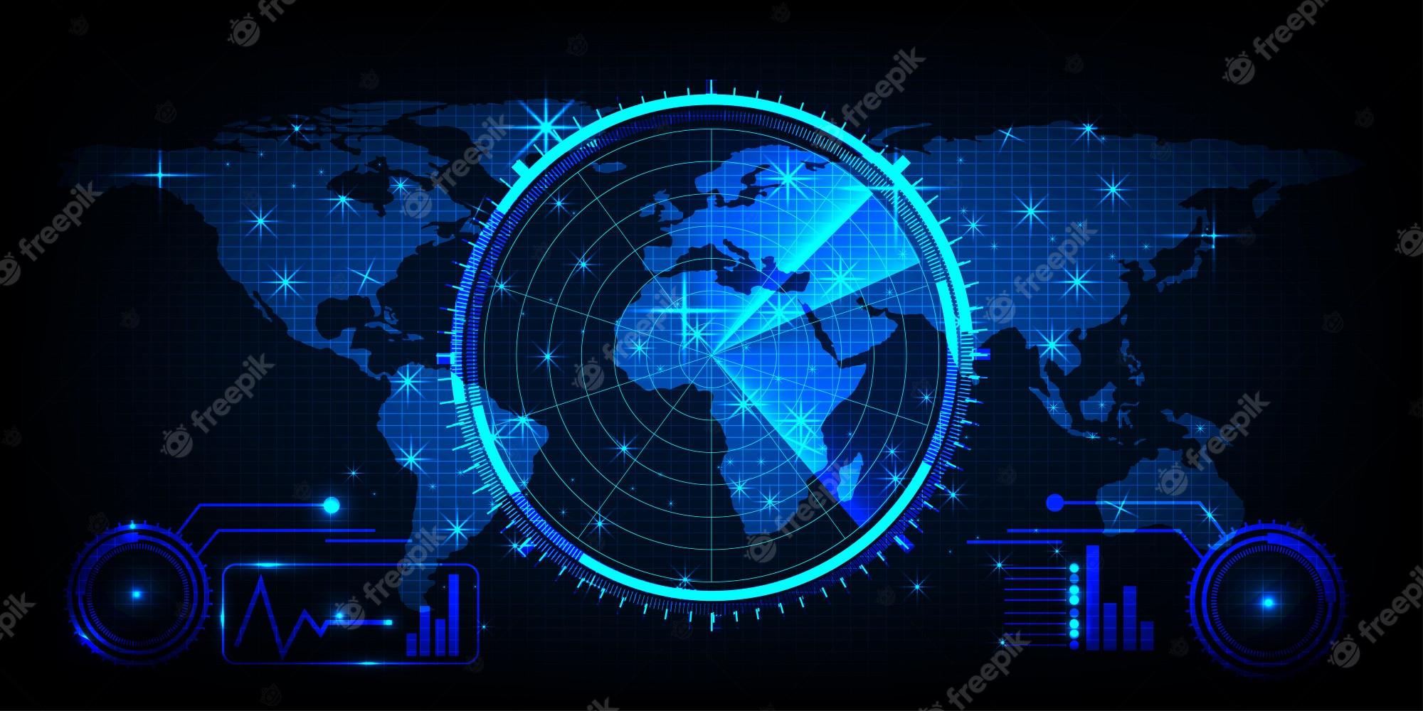 2000x1000 Premium Vector. World map with a radar screen, digital blue radar with targets and world map using as background and wallpaper
