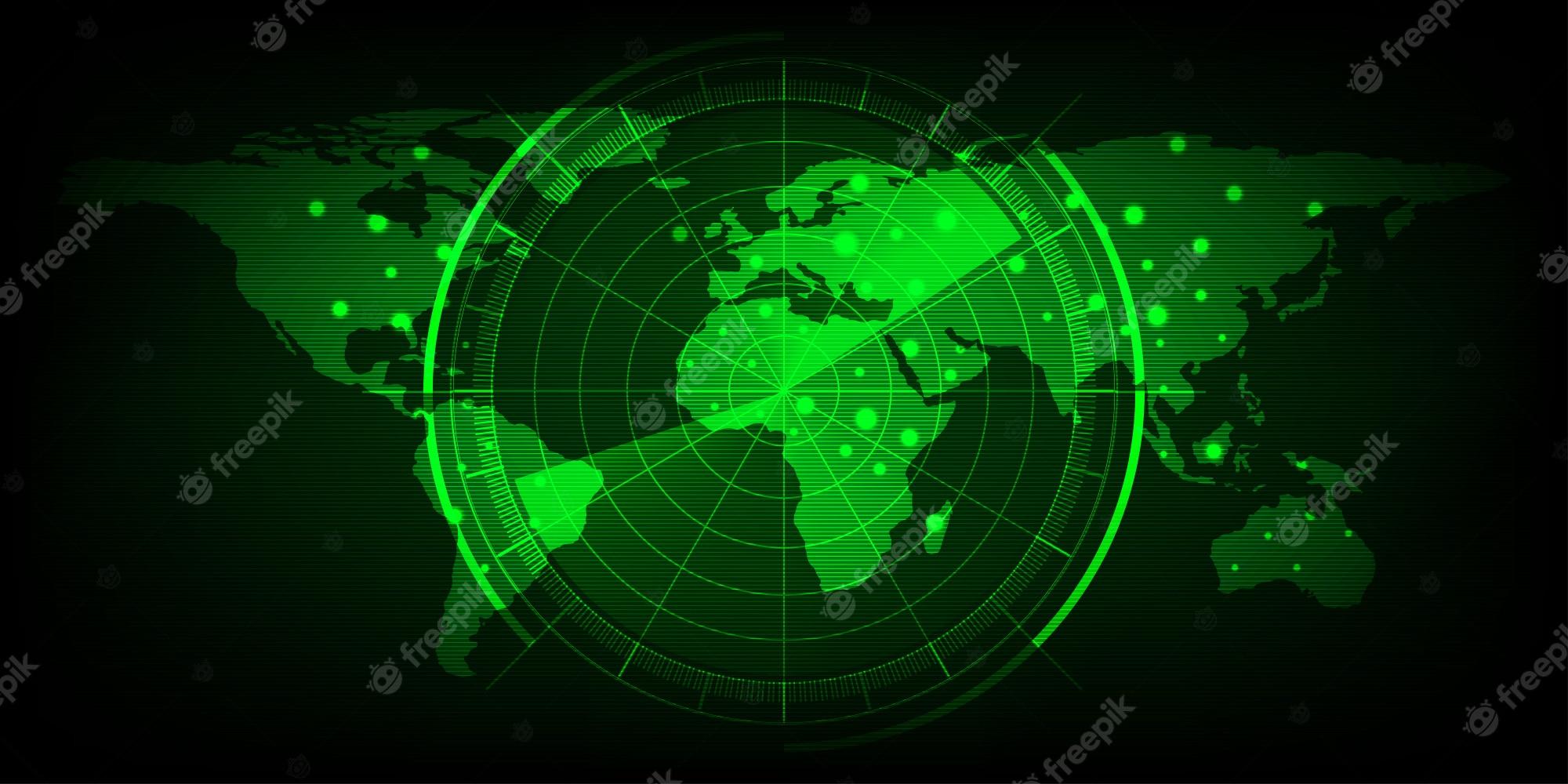 2000x1000 Premium Vector. World map with a radar screen, digital green radar with targets and world map using as background and wallpaper