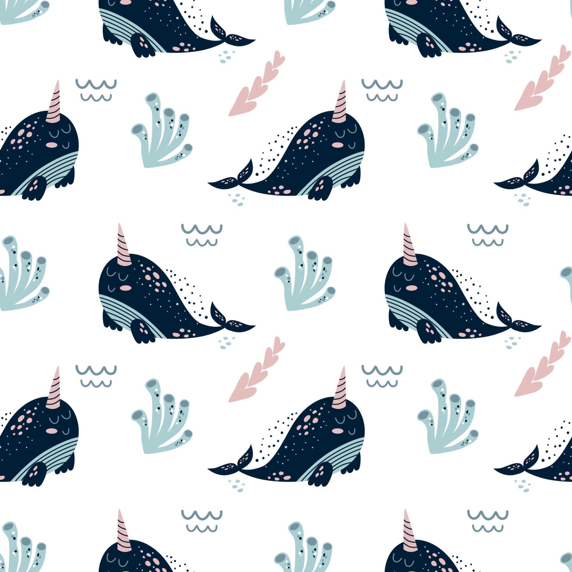 1920x1920 Narwhal pattern. Cute sea kids pattern with narwhal whale. Baby sea animals seamless background. Under sea wallpaper. Blue narwhal prints. Aquatic kids pattern. Vector cartoon fabric illustration