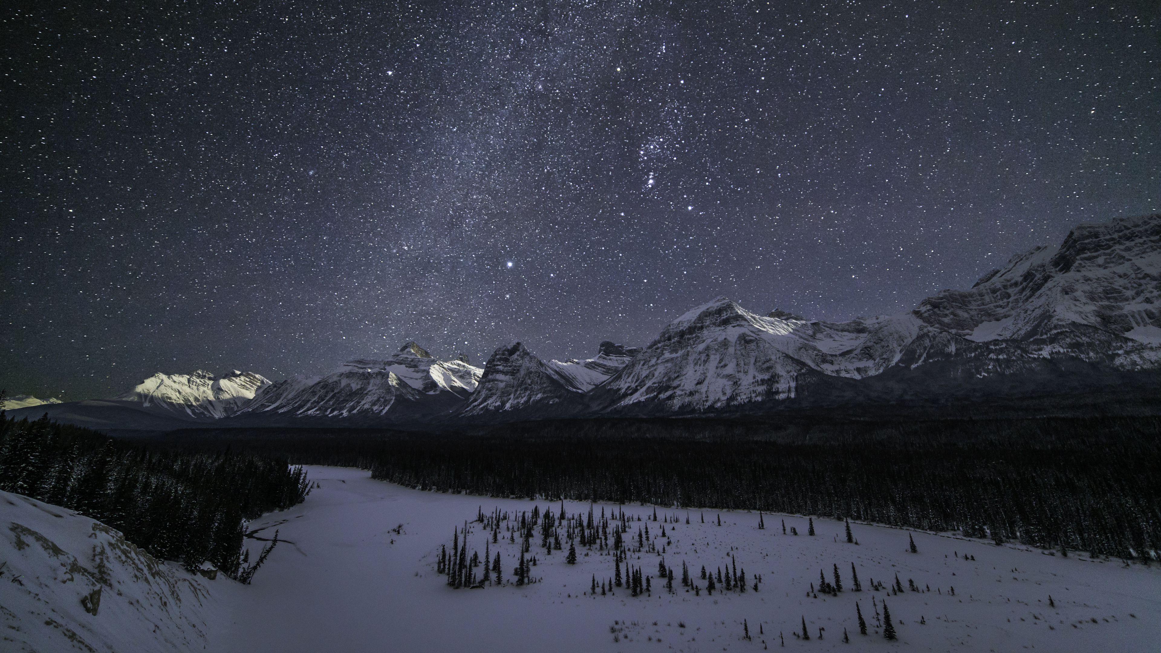 3840x2160 Download wallpaper 3840x2160 mountains, stars, night, snow, winter 4k uhd 16:9 HD background