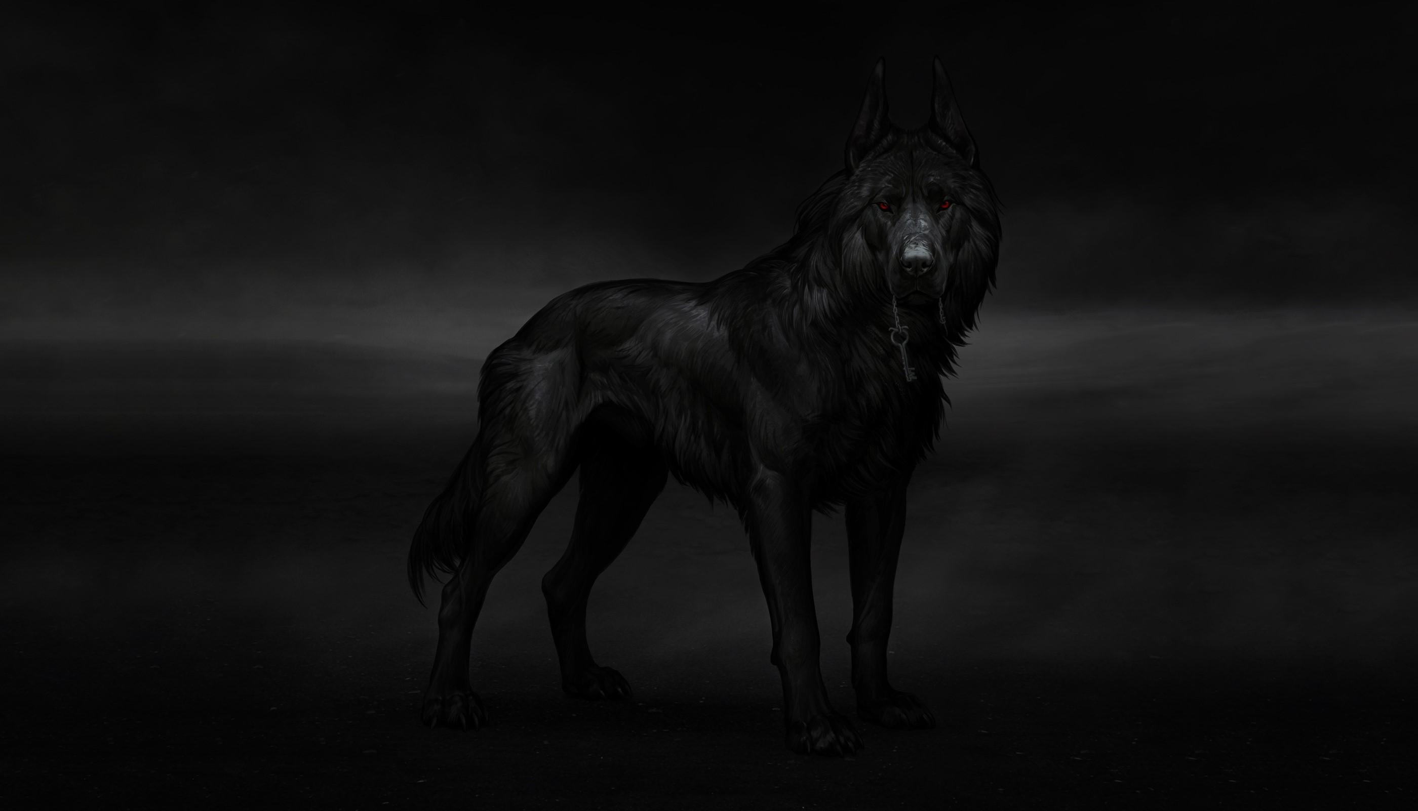 2800x1602 animals, red eyes, creature, wolf, artwork, dark, black, black background, glowing eyes Gallery HD Wallpaper
