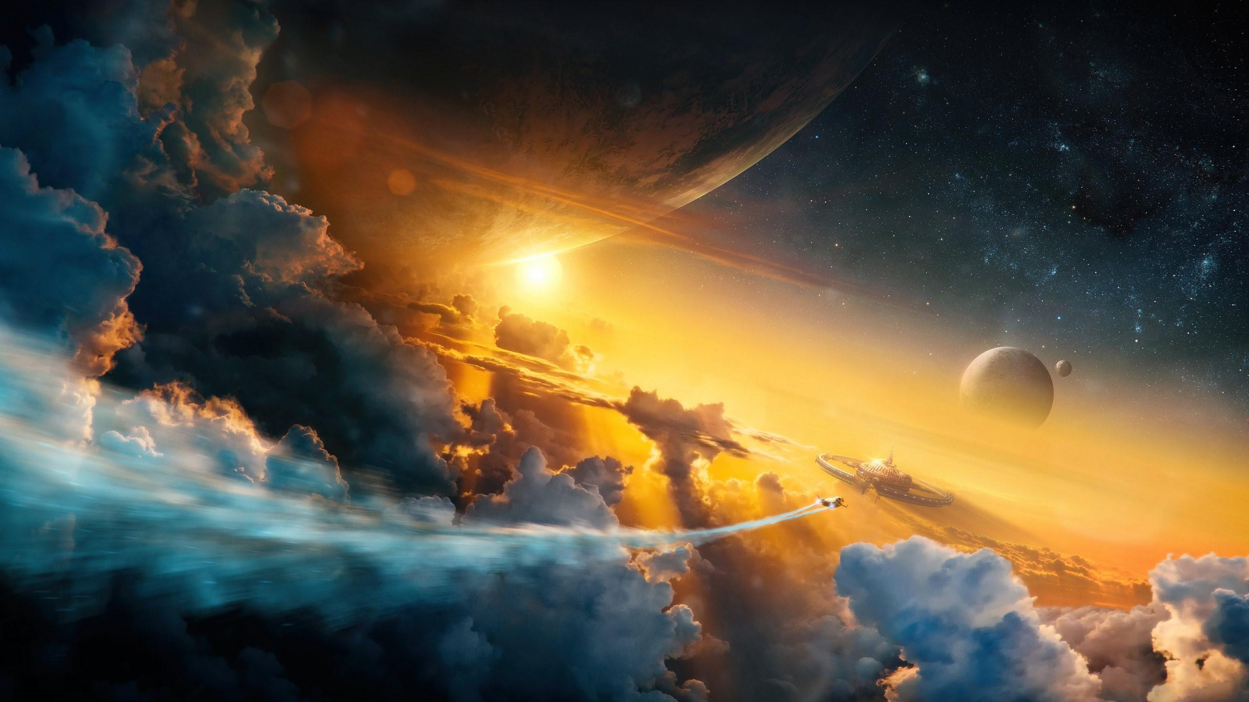 2560x1440 Wallpaper / science fiction, space, space art, digital art, clouds, planet, sky, Sun free download