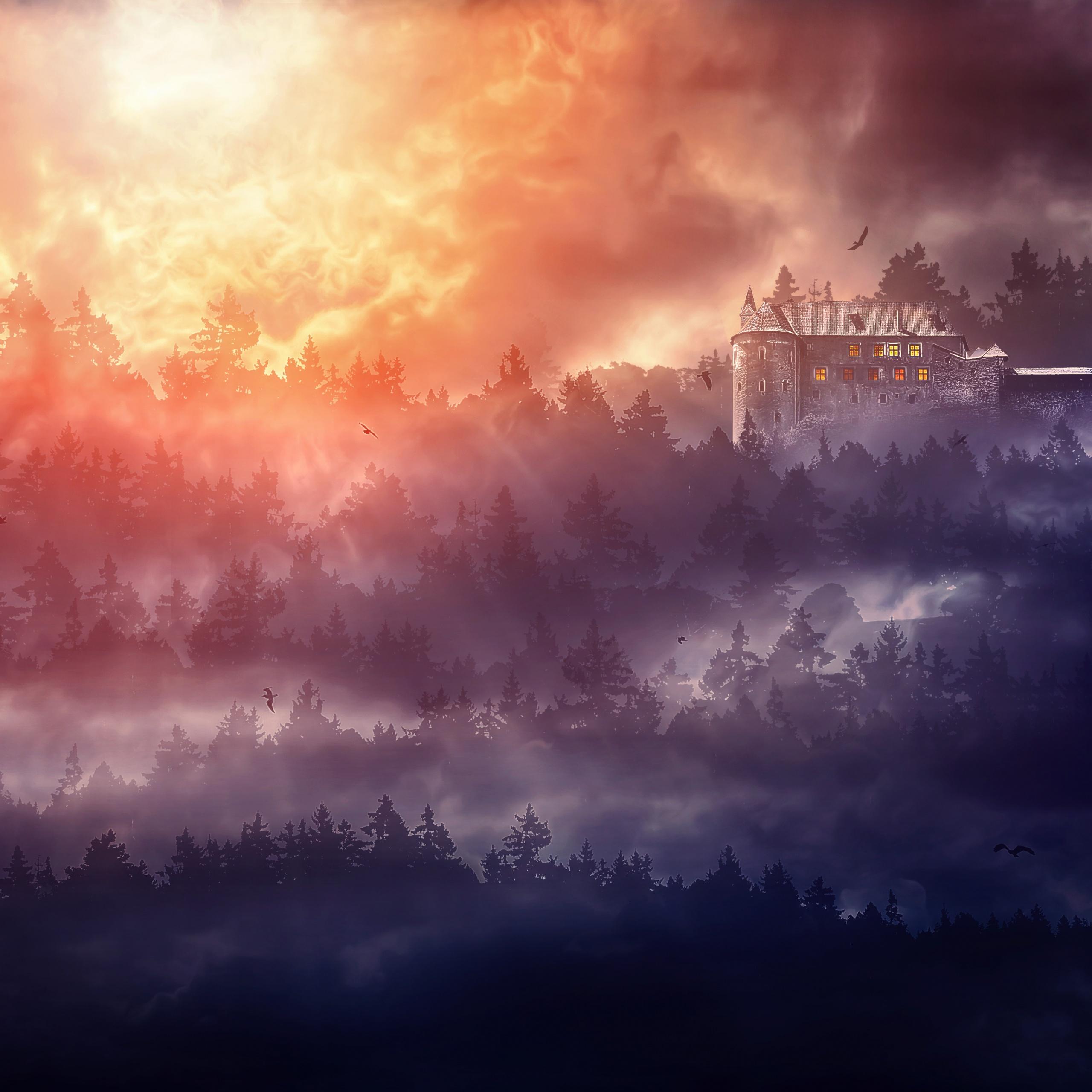 2560x2560 Castle Wallpaper 4K, Burning Sky, Sunset, Fantasy