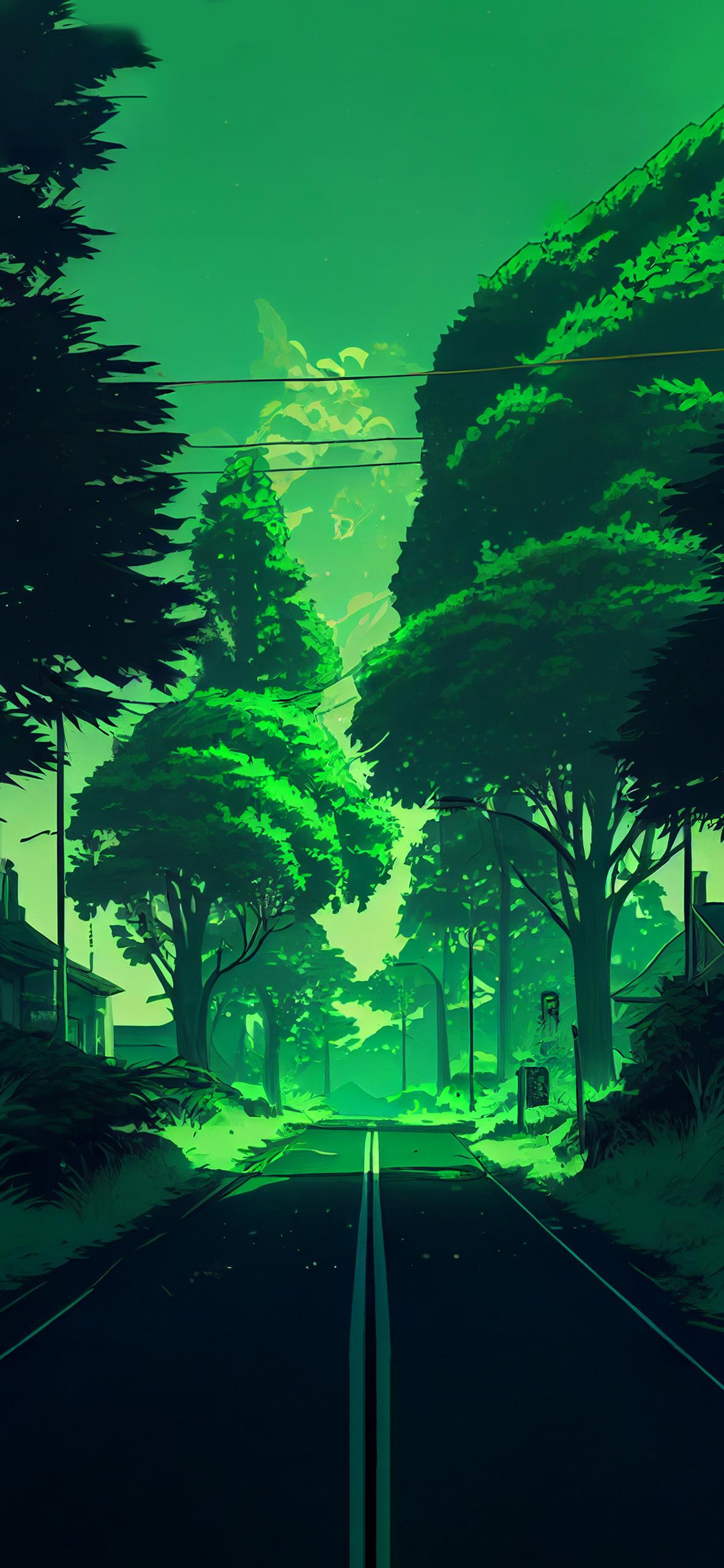 1183x2560 Green Aesthetic Anime Background Wallpaper