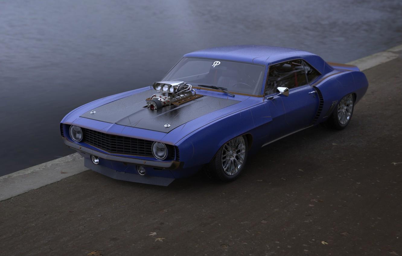 1332x850 Wallpaper Auto, Machine, Camaro, Camaro SS, Rendering, Concept Art, Muscle, Transport & Vehicles, Rostislav Prokop, By Rostislav Prokop, SS Blue, 69 Camaro SS Blue image for desktop, section рендеринг