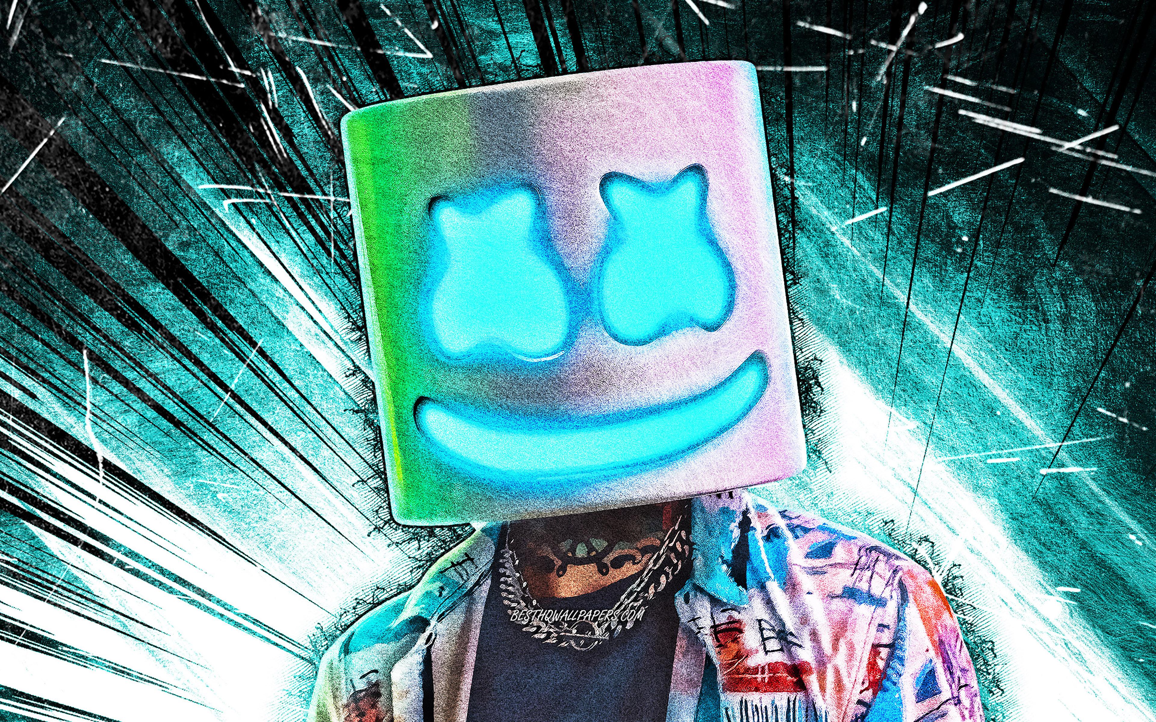 3840x2400 Download wallpaper DJ Marshmello, 4k, grunge art, Christopher Comstock, american DJ, superstars, music stars, Marshmello 4K, turquoise abstract rays, Marshmello, DJs for desktop with resolution 3840x2400. High Quality HD picture wallpaper